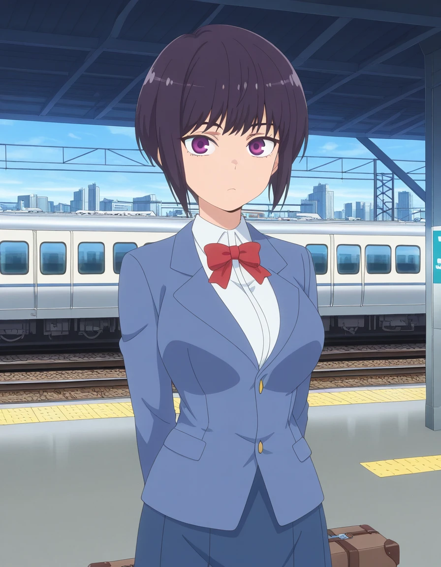 masterpiece, best quality, amazing quality,, <lora:hana-sunomiya-s2-illustriousxl-lora-nochekaiser:1>, hana sunomiya, short hair, bangs, black hair, purple eyes, pixie cut, mature female, breasts, anime screencap, shirt, bow, white shirt, collared shirt, bowtie, red bow, red bowtie, jacket, blazer, skirt, blue skirt,, hands behind head,, train station, waiting for train, suitcase, traveling, commute, city skyline, hands behind back, cowboy shot, solo, looking at viewer,