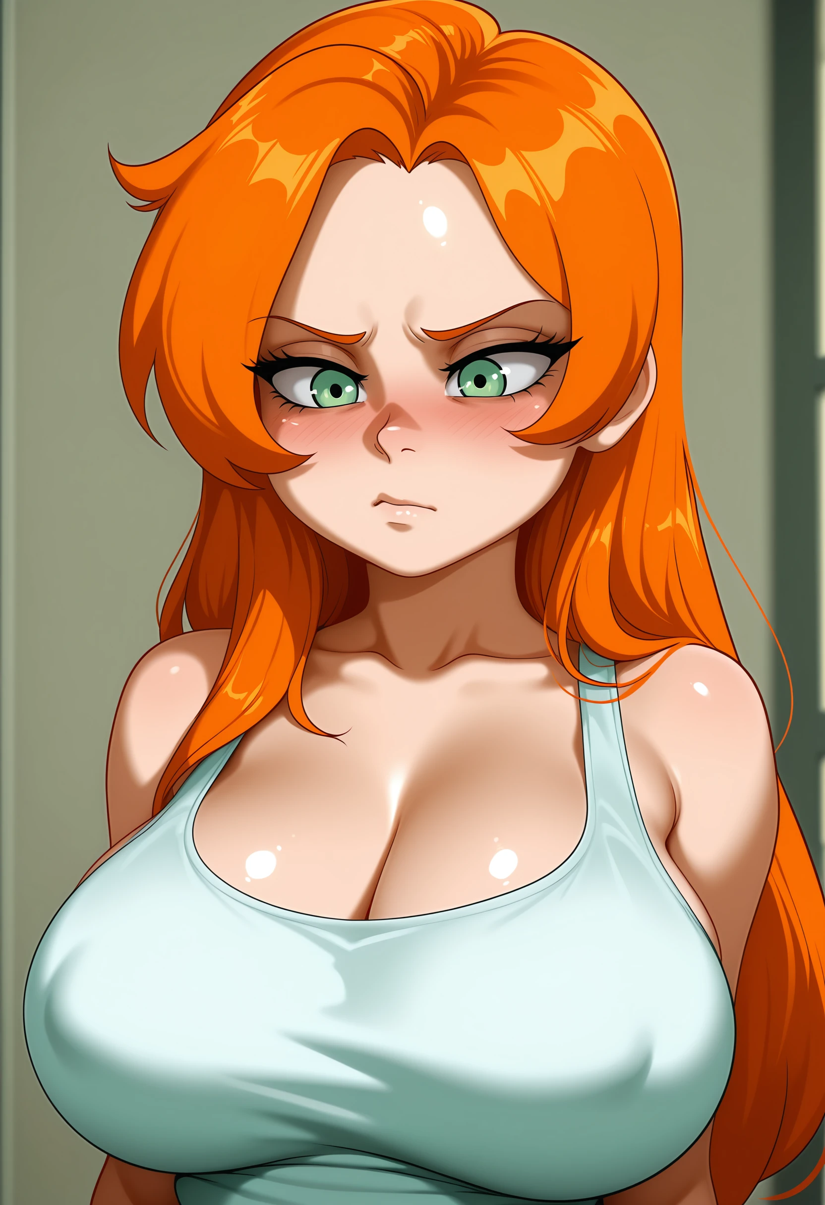 masterpiece, best quality, amazing quality, very aesthetic, absurdres, newest, <lora:FCute3ILf:1> fcs3ilf, 1girl, long hair, tank top, orange hair, green eyes, large breasts, upper body, blush,
