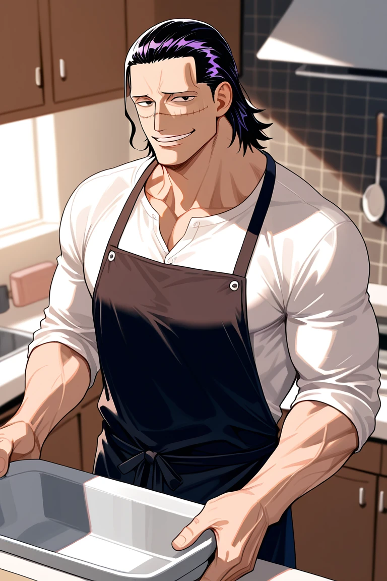 crocodile (one piece)-1male focus, black-purple_crocodile (one piece)_hair, black eyes, black_crocodile (one piece)_scar across face, manly, looking at viewer, smiling,

standing behind kitchen counter, washing dishes in sink,

casual clothes, plain shirt, apron, alternate costume,

blurry background, interior, modern kitchen,

masterpiece, best quality, amazing quality, very aesthetic, absurdres, newest, very awa
