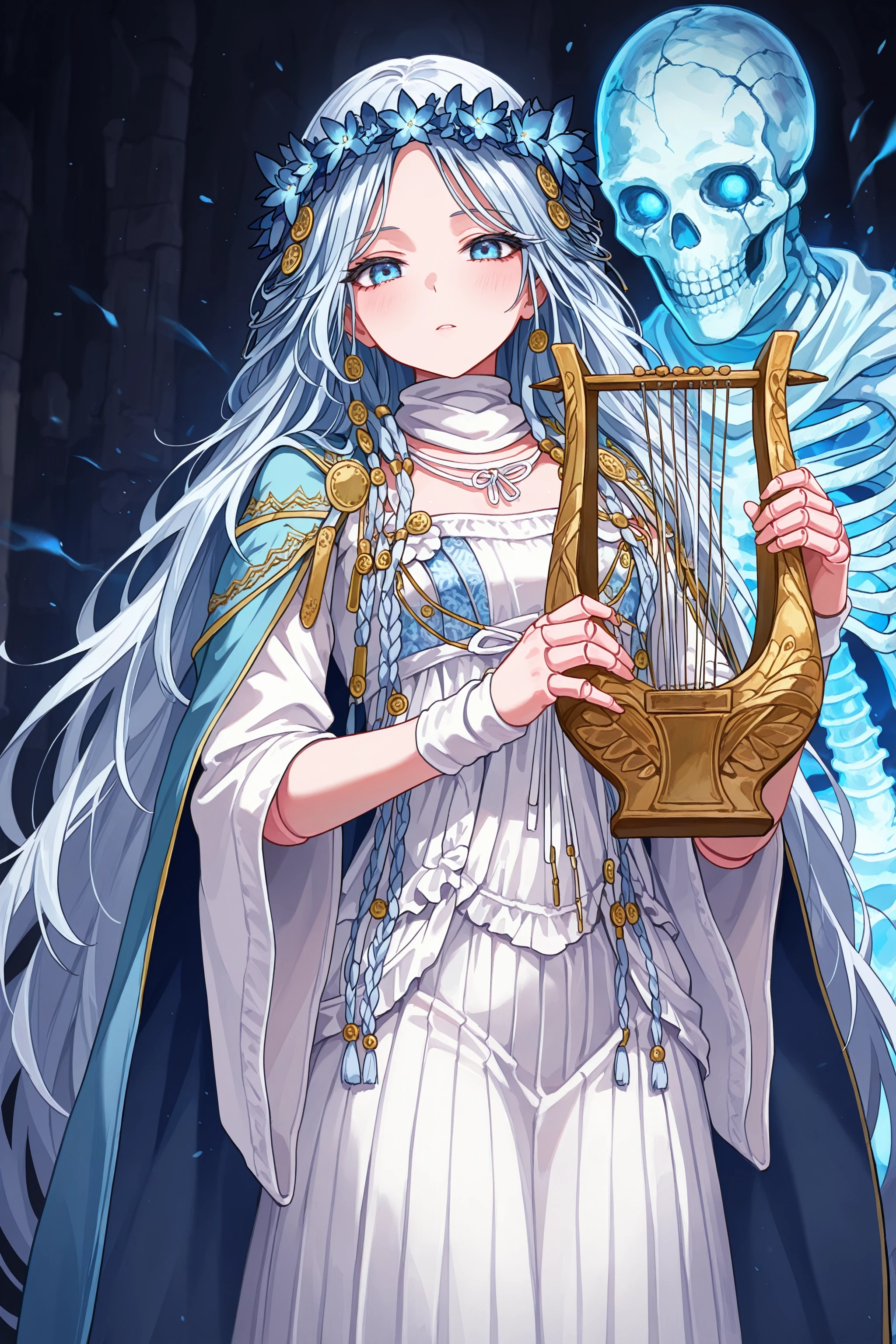masterpiece, best quality, absurdres,
1girl, revenant, white hair, head wreath, braid, blue cape, white dress,
doll joints, glowing skeleton, holding harp, looking at viewer, 
 <lora:elden_ring_nightreign_il_1_d16:1>