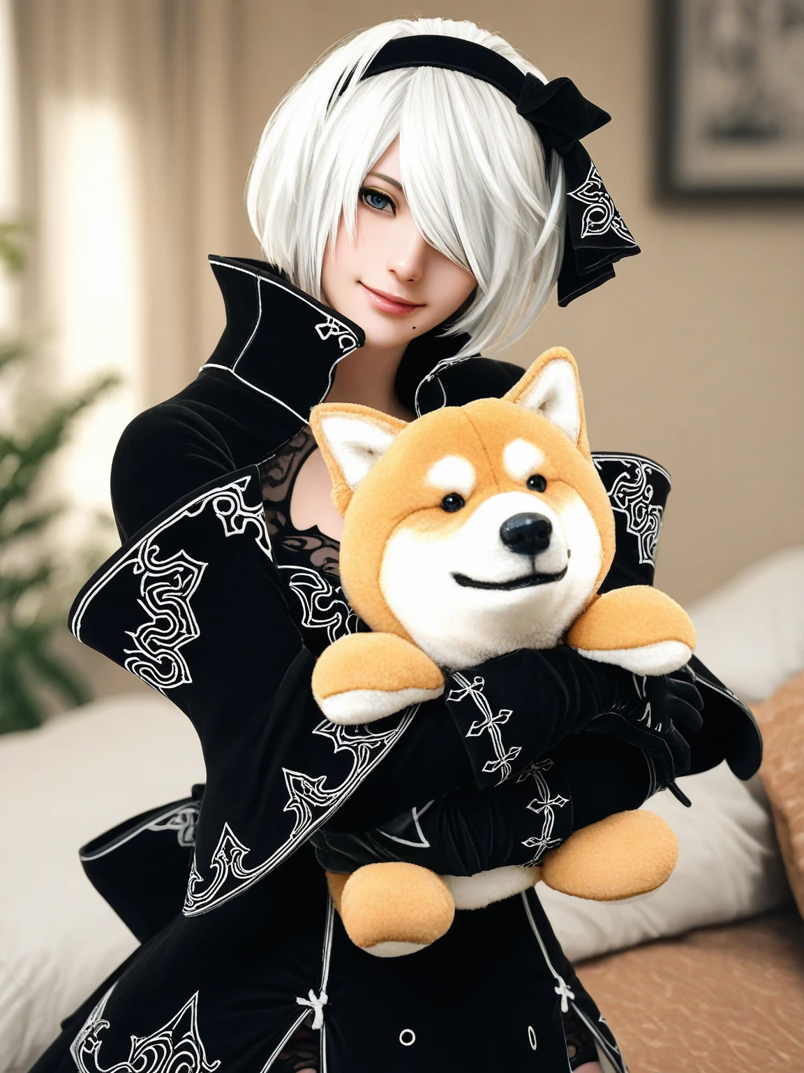 <lora:Nier_Rein2B-IL:0.8> 1girl, solo, nier2Balternate, hairband, hair over one eye, blue eyes, mole under mouth, black dress, black gloves, hug, head tilt, smile, stuffed toy, shiba-inu plushie, indoors, blurred background, realistic, masterpiece, best quality, detailed, highres, newest, recent, very awa, very as2