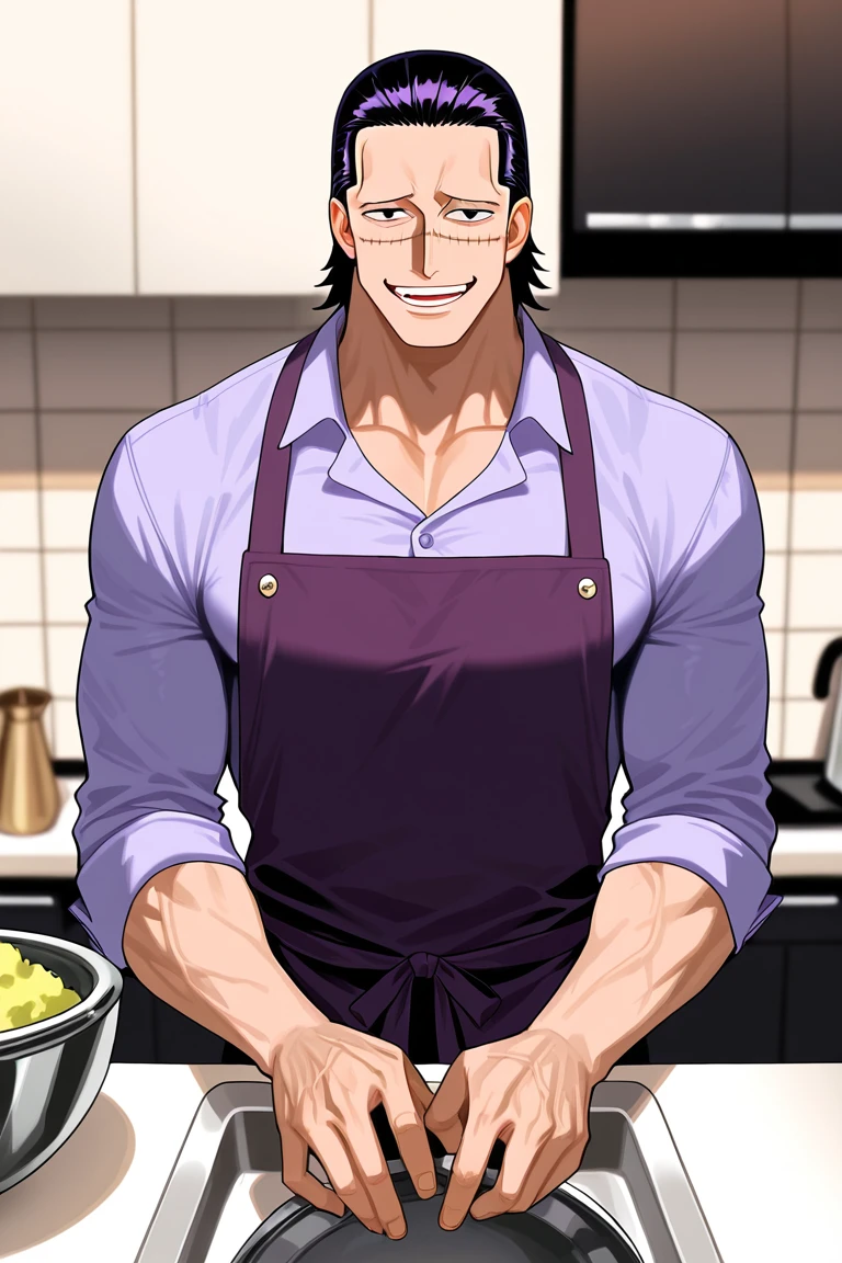 crocodile (one piece)-1male focus, black-purple_crocodile (one piece)_hair, black eyes, black_crocodile (one piece)_scar across face, manly, looking at viewer, smiling,
standing behind kitchen counter, washing dishes in sink,
casual clothes, plain shirt, apron, alternate costume,
blurry background, interior, modern kitchen,
masterpiece, best quality, amazing quality, very aesthetic, absurdres, newest, very awa
