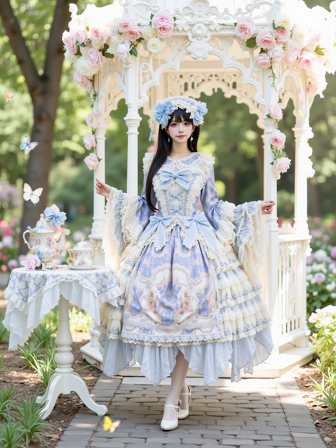 A realistic photo of a slender beautiful young cosplayer in blue and white cyb dress. She is also wearing white pantyhose and white high heels. She has long black straight hair with hairband. She is looking at viewer and smiling.
The sence is {a serene Victorian garden with blooming pastel roses, a white ornate gazebo, and a cobblestone path. Gentle sunlight filters through the trees, creating a dreamy and elegant atmosphere. Butterflies flutter around, and a tea set awaits on a dainty table|an opulent ballroom with golden chandeliers, marble floors, and grand arched windows draped in velvet curtains. The room is illuminated by warm candlelight, with intricate rococo-style details on the walls and ceiling|a vintage carousel in pastel hues, surrounded by twinkling fairy lights and a backdrop of a twilight sky. The scene is whimsical and nostalgic, with playful details and ornate carvings on the carousel horses|a magical forest with towering trees adorned with glowing fairy lights, soft moss-covered ground, and sparkling streams. The air is filled with a whimsical, ethereal glow, creating a fairytale-like scene|A majestic palace garden at dusk, with fountains, marble statues, and perfectly manicured hedges. The sky is painted in soft pink and lavender hues, and lanterns cast a warm glow over the scene|A whimsical tea party set in a lush meadow, with delicate porcelain tea sets, tiered trays of sweets, and colorful flowers. The atmosphere is magical and inviting, with soft sunlight and a gentle breeze|A luxurious rococo-style room with intricate gold detailing on the walls, a grand crystal chandelier, and plush pastel furniture. The room feels regal and sophisticated, perfect for a lavish photoshoot}.
The photo is a full body shot with her entire body visible and with detailed background.