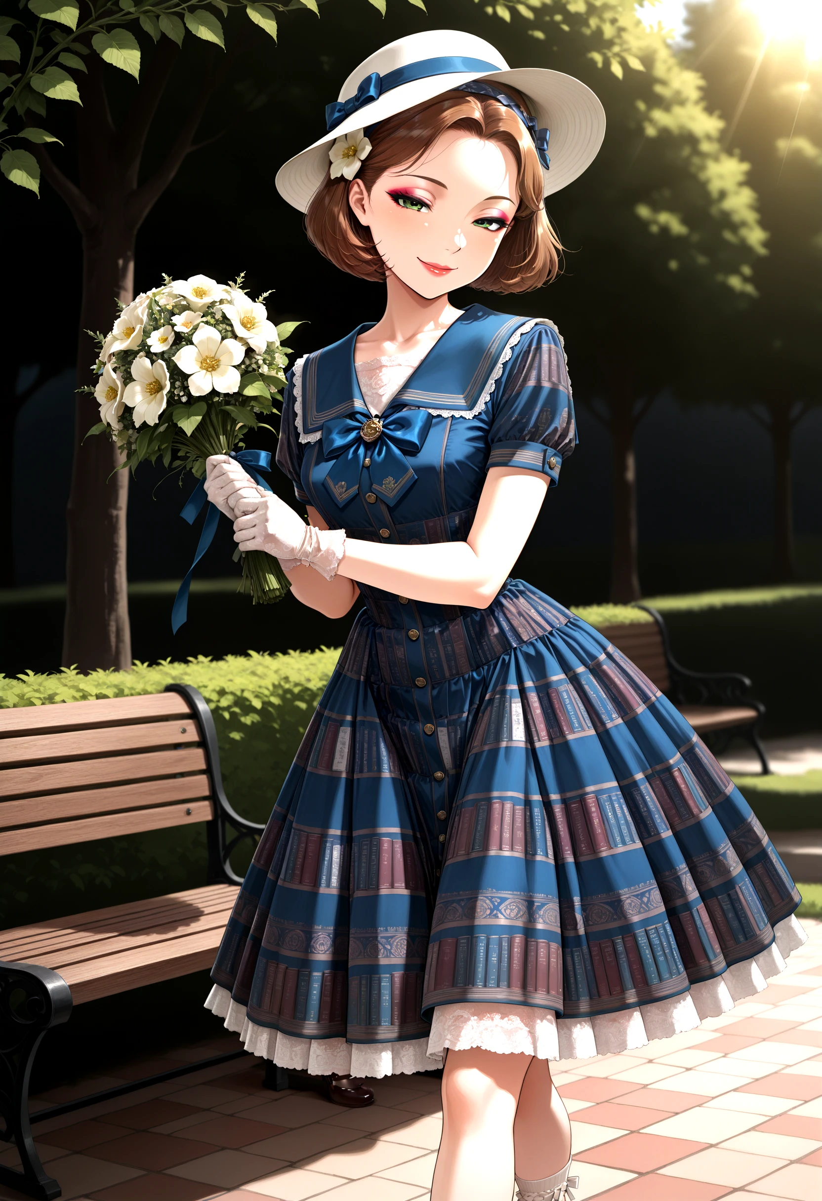 solo, 1girl, anime style, seductive smile, sexy pose, makeup, lipgloss, (black_shoes blue_bow blue_bowtie blue_dress blue_sailor_collar bouquet bow bowtie brown_hair flower gloves green_eyes hand_up hat holding_bouquet looking_to_the_side mary_janes medium_dress sailor_collar sailor_dress shoes short_hair short_sleeves socks solo standing sun_hat white_flower white_gloves white_hat white_socks short skirt, layered skirt, lace, frilly, cute pose, action pose, pose, upper body,hairband, lace collar, bow, book_pattern_dress, printed dress, vintage_style, white socks, lace up socks, brown shoes, mary janes, standing)
, garden, bench, open book, trees, sunlight through leaves, flowers, vines, wrought iron bench, grass, dappled light, quiet place, peaceful garden, floral background
masterpiece, very aesthetic, cinematic lighting, blurry foreground, vignetting, amazing quality, newest, ultra-detailed, depth of field, blurry_background, amazing background