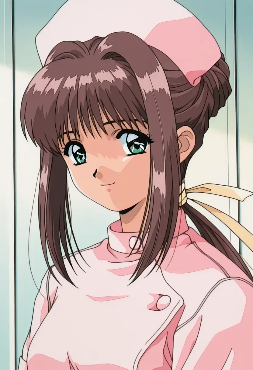 masterpiece,best quality,amazing quality,
1girl, solo,
Nanase Ren, long hair, brown hair, ponytail, hair bun, green eyes,
looking at viewer, retro artstyle, 1990s (style),
front view, portrait, smile,
nurse, nurse cap, hat, short sleeves, pink headwear, buttons, pink dress,