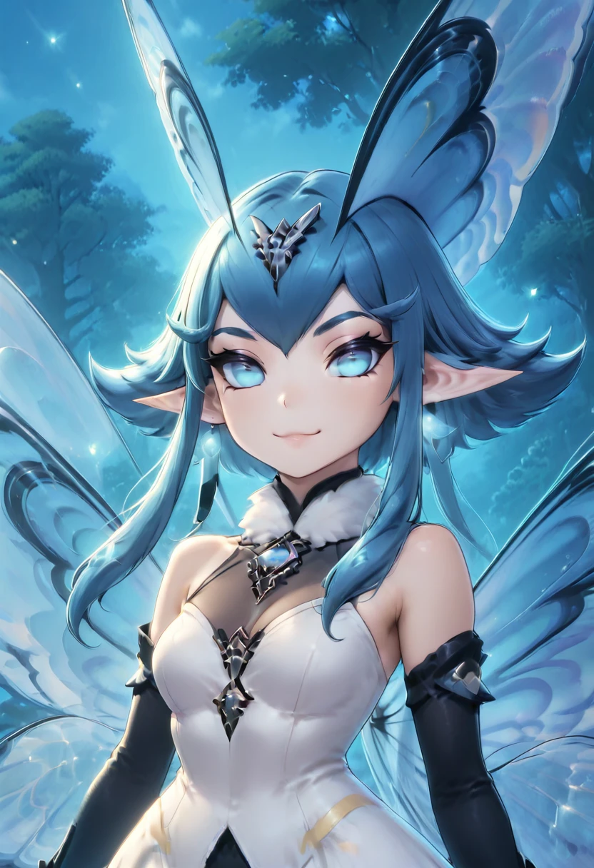 masterpiece, best quality, solo, curvy, beautiful eyes, narrow waist, wide hips, 1girl, solo, smile, looking at viewer, close up, zzPhantomfly, looking at viewer, smile, fur collar, dress, wings, butterfly wings, ,<lora:Phantomfly_AzurProm_IXL:1.0>, , smile, looking at viewer, zzHyp3r, upper body, backlighting, <lora:HyperHighlight_IXL:0.8>,