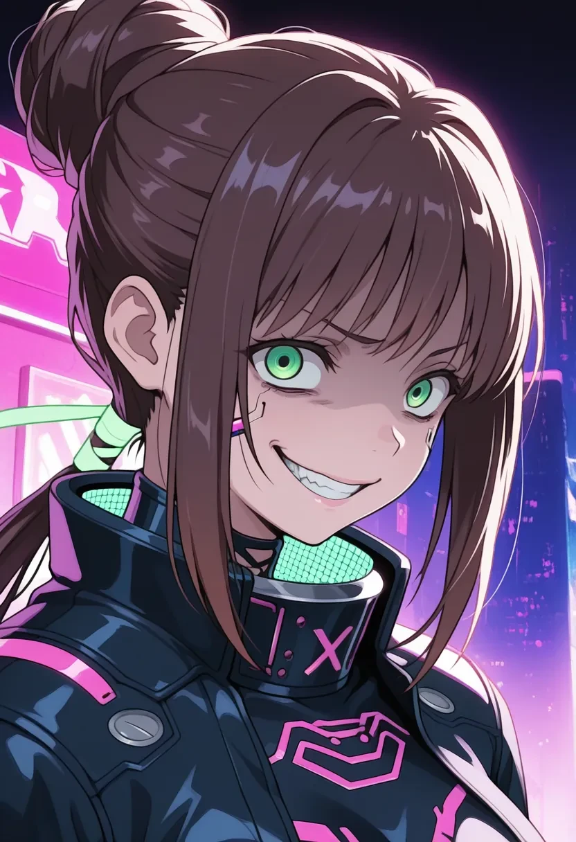 masterpiece,best quality,amazing quality,
1girl, solo,
Nanase Ren, long hair, brown hair, ponytail, hair bun, green eyes,
evil smile, crazy, evil grin, cyber punk city, cyberpunk armor,
