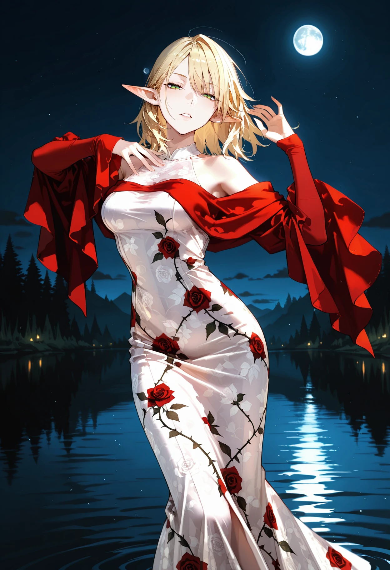 1girl, pointed ears, elf, blonde, small eyes, green eyes, medium breasts, medium hair,
dynamic, pose, looking at viewer, sultry, dancing, splash, on water, moon,  parted lips, half closed eyes,
night sky, dark, misty lake, front view, cowboy shot,
<lora:RoroririQipaoIL:1.2>,   velvet dress, detached sleeves, long sleeves, red sleeves, bare shoulders, long dress, rose print dress, floral print, white dress, red dress, 
masterpiece,best quality,amazing quality,  <lora:lmia4IL-style:1>,