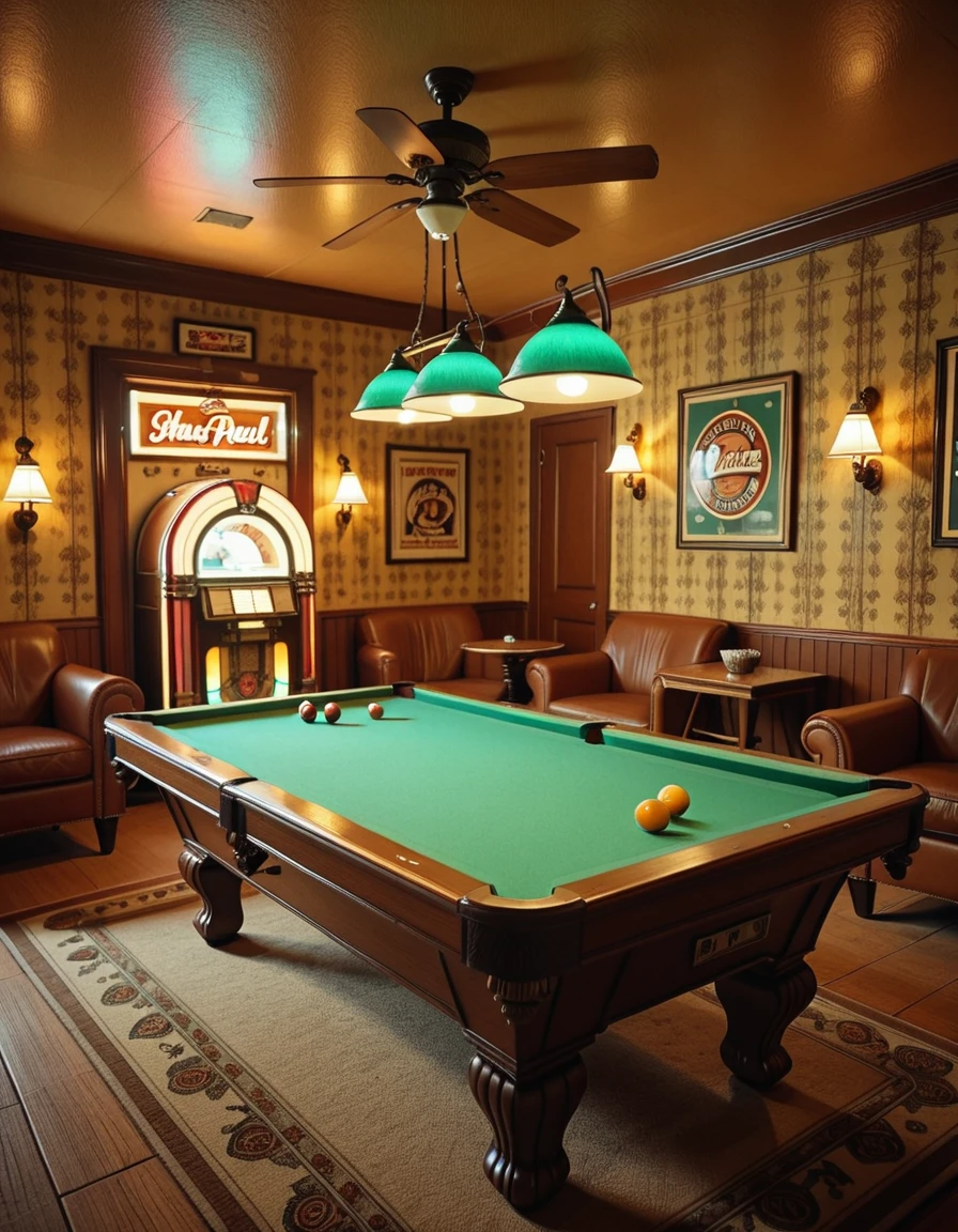 Interior of a vintage 1970s pool room with no people present, wood-paneled walls and shag carpet in earthy tones, overhead pendant lights with green glass shades casting a warm glow over a classic felt-covered pool table, retro wallpaper with geometric patterns, a jukebox in the corner flashing colorful lights, ashtrays on side tables beside leather armchairs, cues neatly arranged on a wooden rack, ceiling fan slowly turning above, and vintage beer advertisements framed on the wallsâeverything evokes a nostalgic, slightly smoky atmosphere frozen in time, rich with the charm and character of a bygone era,1970s pool r00m, <lora:1970s_pool_r00m-i:1>, Masterpiece,best quality,hi res,8k,hi res,8k,award winning,(sharp focus, intricate, highly detailed),