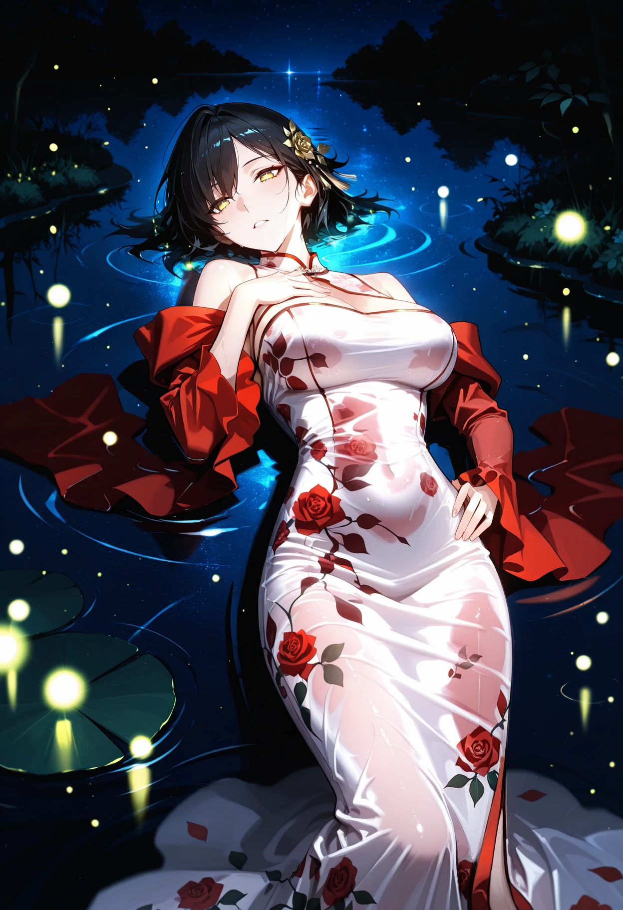 (night, moonlight, stars sky in reflection),
solo,1girl, black short hair, bright yellow eyes, asian, big breasts, oval face,
hair ornament, 
lying on back, on water, floating hair, floating clothes, provoactive, hand on chest, hand on hip,
garden, pond, wet hair, wet clothes, night, low light, flying fireflies, glowing fireflies, 
<lora:RoroririQipaoIL:1>, chinese clothes,  velvet dress, detached sleeves, long sleeves, red sleeves, bare shoulders, long dress, rose print dress, floral print, white dress, red dress, 
masterpiece,best quality,amazing quality,  <lora:lmia4IL-style:1>,