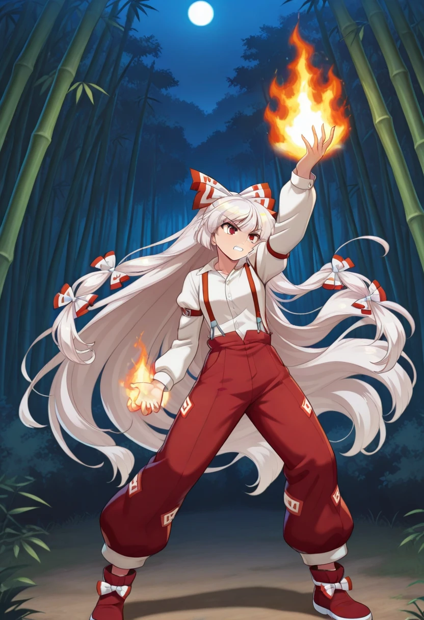 orochinagi, arm up, pyrokinesis, fire in hand, legs apart, open hand, fujiwara no mokou, 1girl, solo, red eyes, white hair, very long hair, hair bow, white bow, white shirt, long sleeves, suspenders, red pants, shoes, outdoors, bamboo forest, night, teeth, angry, serious,