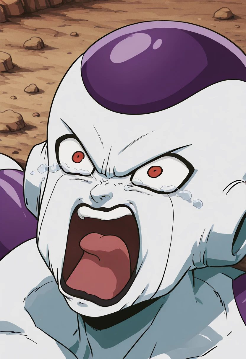 masterpiece, best quality, 1boy, solo,  zzFrieza,   ,<lora:FriezaDBZ_IXL_v2:1.0>,   <lora:crying-aqua-illustriousxl-lora-nochekaiser:1.0> crying aqua, crying aqua (meme), screaming, crying, crying with eyes open, tears, tongue, open mouth,