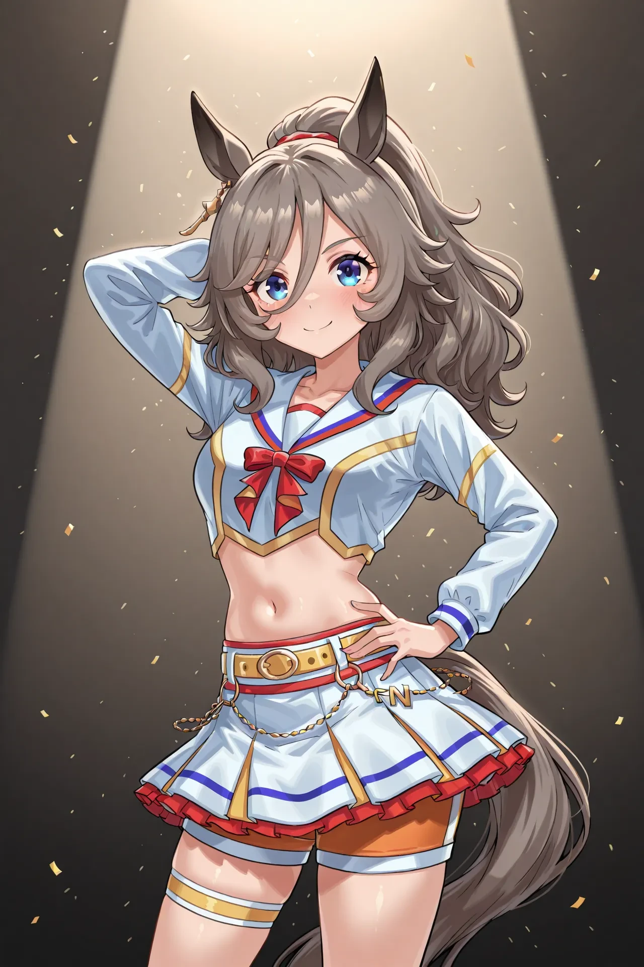 perry steam \(umamusume\),animal ears,blue eyes,hair between eyes,horse ears,horse girl,horse tail,long hair,tail,grey hair,hair ornament,<lora:perry_steam_umamusume:0.8>,,
run&win,
official alternate costume,cheerleader,ponytail,long sleeves,crop top,white shirt,sailor collar,midriff,navel,belt,layered skirt,pleated skirt,white skirt,miniskirt,thigh strap,shorts under skirt,short shorts,orange shorts,white socks,red footwear,sneakers,shoes,<lora:RUNWIN:0.8>,, 1girl,solo,smile,looking at viewer,cowboy shot,pose,spotlight,