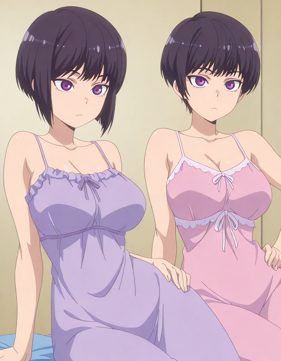 masterpiece, best quality, amazing quality,, <lora:hana-sunomiya-s2-illustriousxl-lora-nochekaiser:1>, hana sunomiya, short hair, bangs, black hair, purple eyes, pixie cut, mature female, breasts, anime screencap, <lora:nightgown-illustriousxl-lora-nochekaiser:1>, nightgown, sleepwear, pajamas, lingerie, spaghetti strap,, <lora:princess-leia-pose-illustriousxl-lora-nochekaiser:1>, princess leia pose, sitting, hand on own hip, lying, arm support, ,