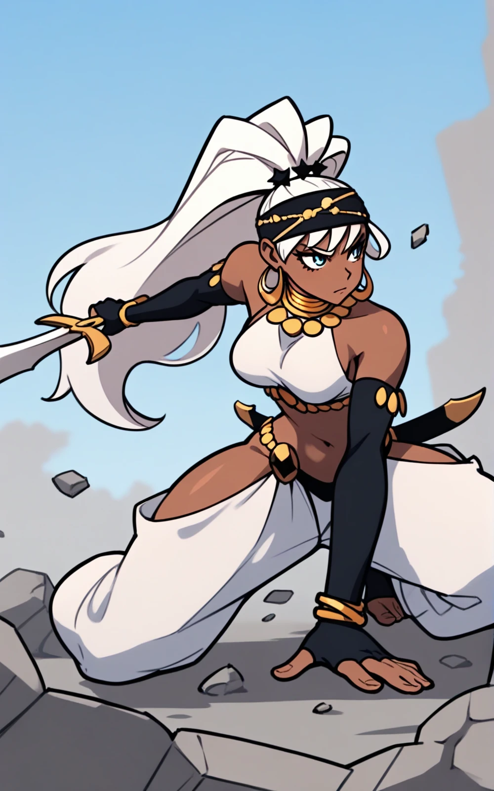 "(best quality,ultra-detailed),Ebony skin,Ebony skinned female:1.1,beautiful detailed eyes,beautiful detailed lips,white dreadlocks,thicc,tribal warrior outfit,not too strong looking,confident posture,exotic background,sharp focus,vivid colors"