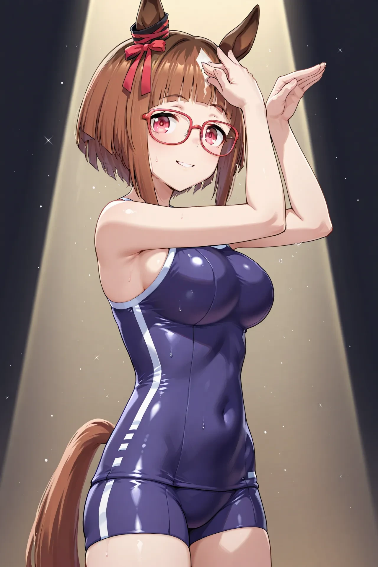 <lora:tracen_swimsuit:0.7>,tracen swimsuit,swimsuit,bare shoulders,sleeveless,
transcend \(umamusume\),large breasts,animal ears,horse ears,horse girl,brown hair,multicolored hair,short hair,red eyes,streaked hair,blunt bangs,horse tail,red-framed eyewear,<lora:ILL_transcend_ver1.0:0.5>,,, 1girl,solo,smile,looking at viewer,cowboy shot,pose,spotlight,