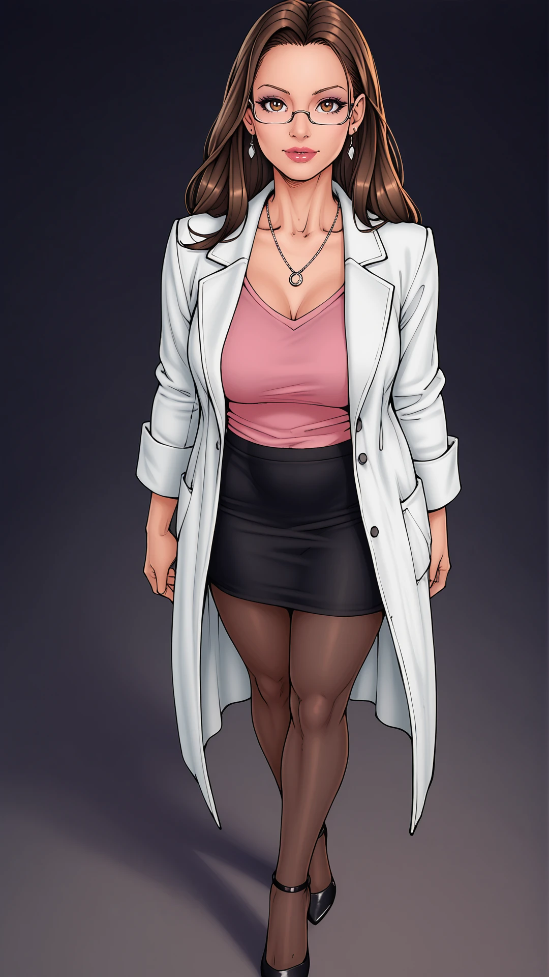 score_9, score_8_up, score_7_up, score_6_up, highres, sharp focus, cinematic lighting, hdr, high contrast, <lora:Kaos_pony:0.8>, dark background, random angle, dynamic angle, front angle, mature woman, 1girl, kaosdoc, long hair, brown hair, brown eyes, eyeglasses, makeup, standing, white lab coat, necklace, pink shirt, black skirt, pantyhose, heels, standing, looking at viewer,
