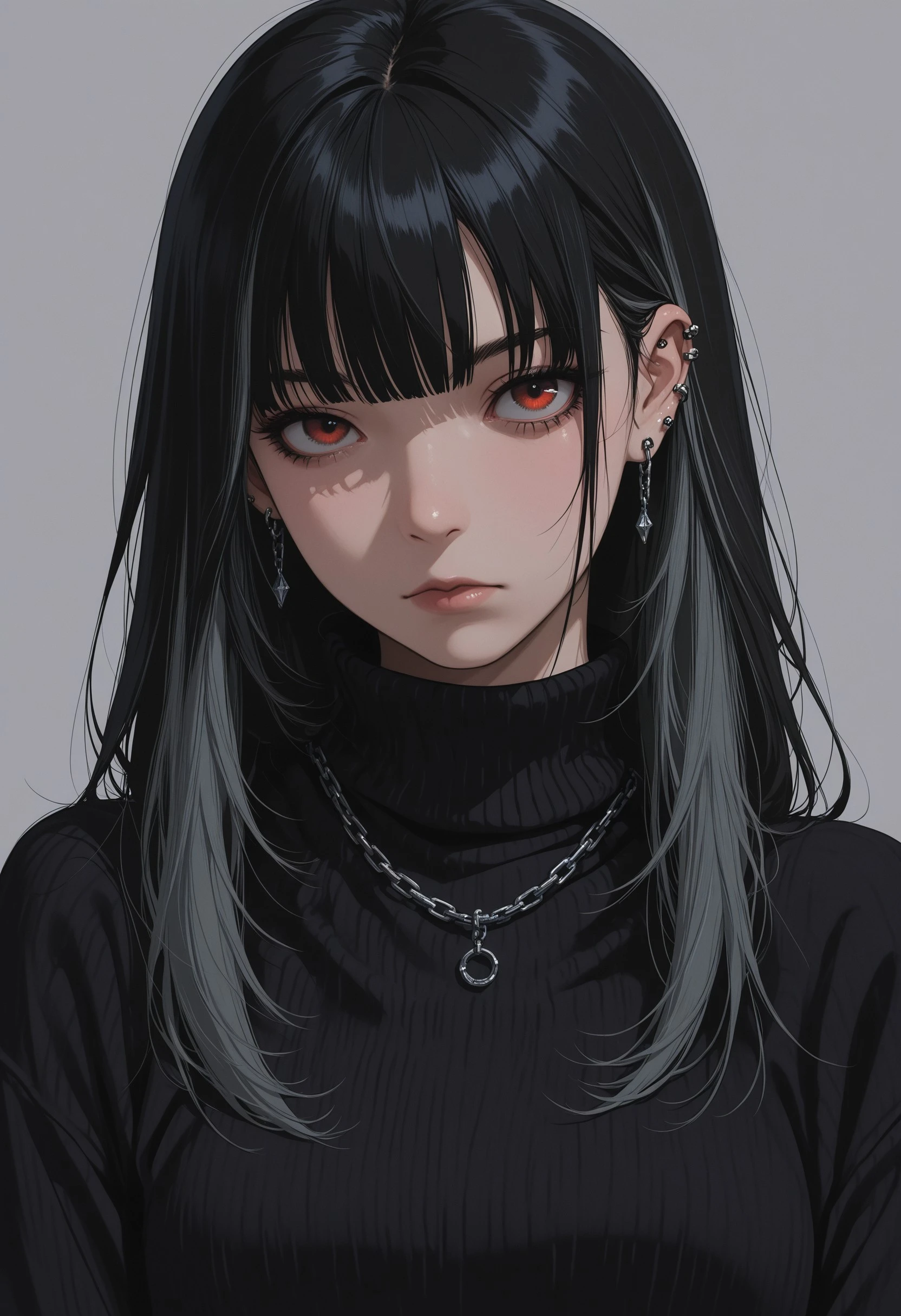 cryos2, 1girl, solo, red eyes, jewelry, black hair, piercing, ear piercing, long hair, looking at viewer, earrings, simple background, necklace, closed mouth, multicolored hair, sweater, grey background, bangs, black sweater, chain, turtleneck, upper body, film_grain, masterpiece, best quality, incredibly absurdres, amazing quality, very aesthetic, 4k, official art, latest, , <lora:99049ffc-f5ee-4292-8fba-783ed7518c43:0.9>