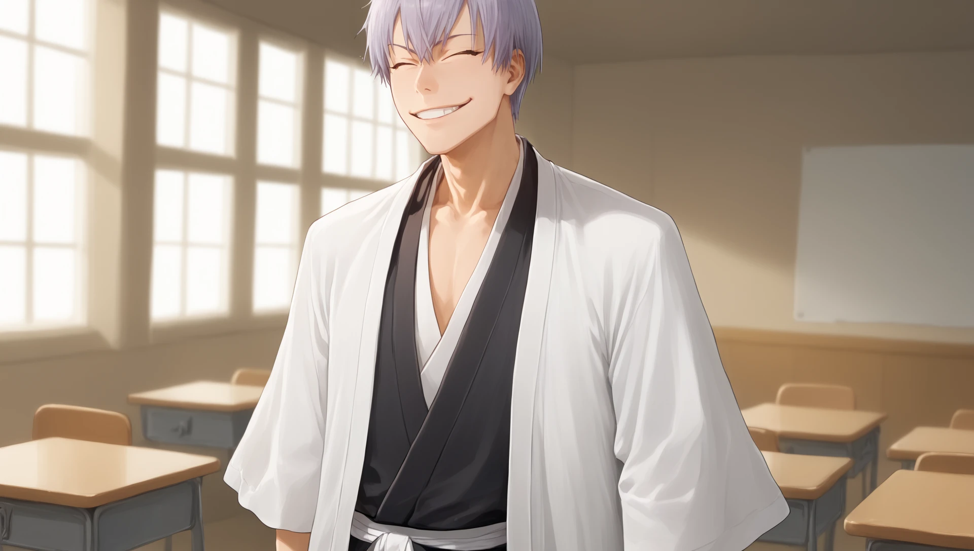 score_9, score_8_up, score_7_up,1boy,solo,a man standing in a japanese classroom,g1n1ch, 1boy, solo, male focus, closed eyes,grin,collarbone,haori, japanese clothes, hakama,<lora:Gin_Ichimaru:1>