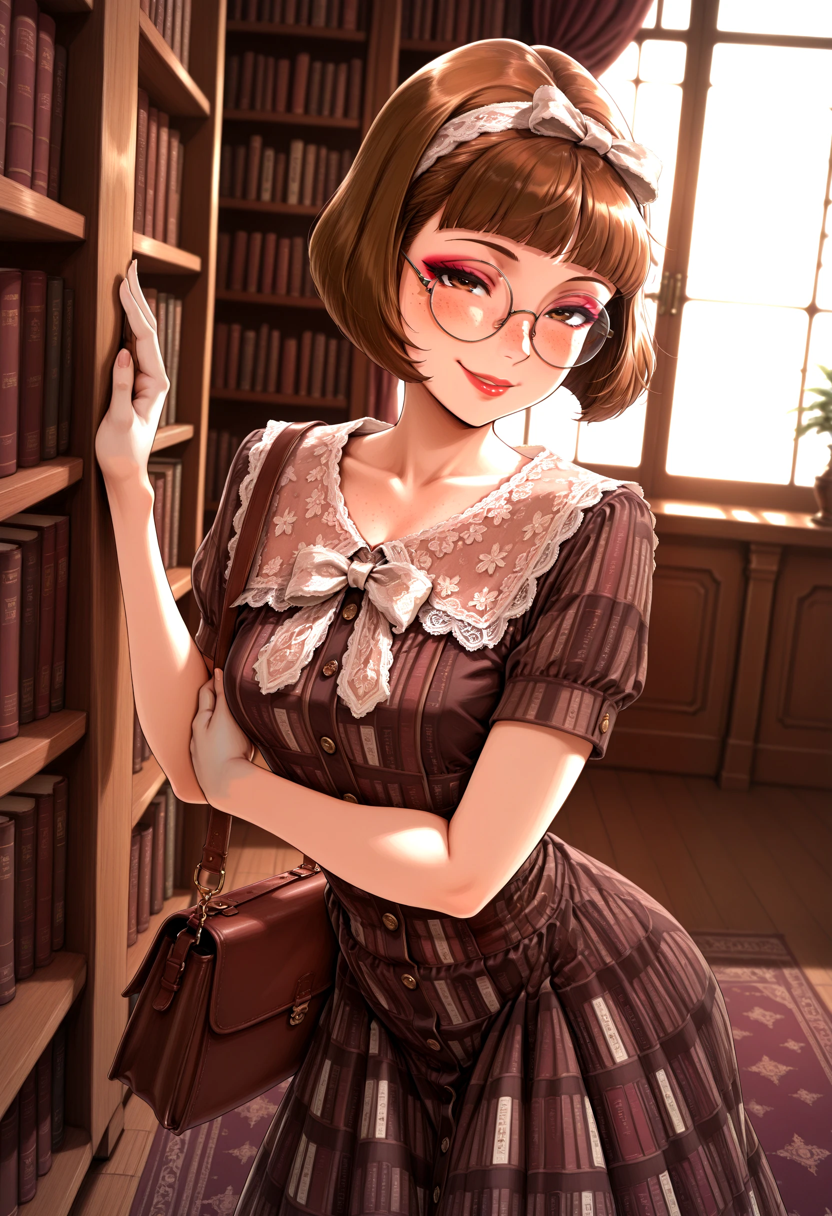 solo, 1girl, anime style, seductive smile, sexy pose, makeup, lipgloss, short hair, brown hair, bob cut, blunt bangs, round glasses, freckles, cute pose, action pose, pose, upper body, 1girl, hairband, lace collar, bow, book_pattern_dress, bookshelf_print, printed dress, book_bag, crossbody_bag, vintage_style, white socks, lace up socks, brown shoes, mary janes, standing
vintage library, bookshelves, wooden shelves, stacked books, reading room, antique furniture, carpet, warm lighting, cozy atmosphere, classic interior, study room, literary setting
masterpiece, very aesthetic, cinematic lighting, blurry foreground, vignetting, amazing quality, newest, ultra-detailed, depth of field, blurry_background, amazing background