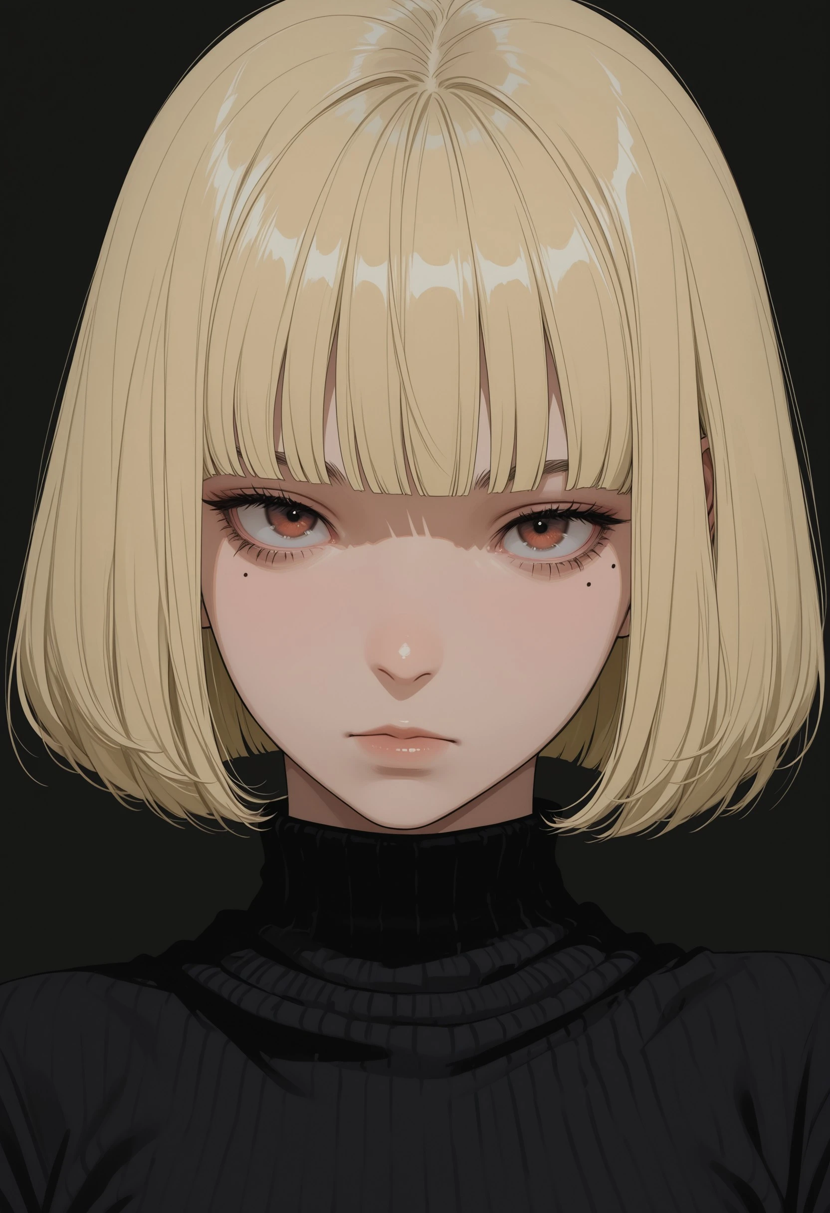 cryos2, 1girl, solo, blonde hair, sweater, mole under eye, looking at viewer, mole, closed mouth, portrait, bangs, black sweater, black background, short hair, red eyes, bob cut, blunt bangs, simple background, turtleneck, brown eyes, masterpiece, best quality, incredibly absurdres, amazing quality, very aesthetic, 4k, official art, latest, , <lora:99049ffc-f5ee-4292-8fba-783ed7518c43:0.9>
