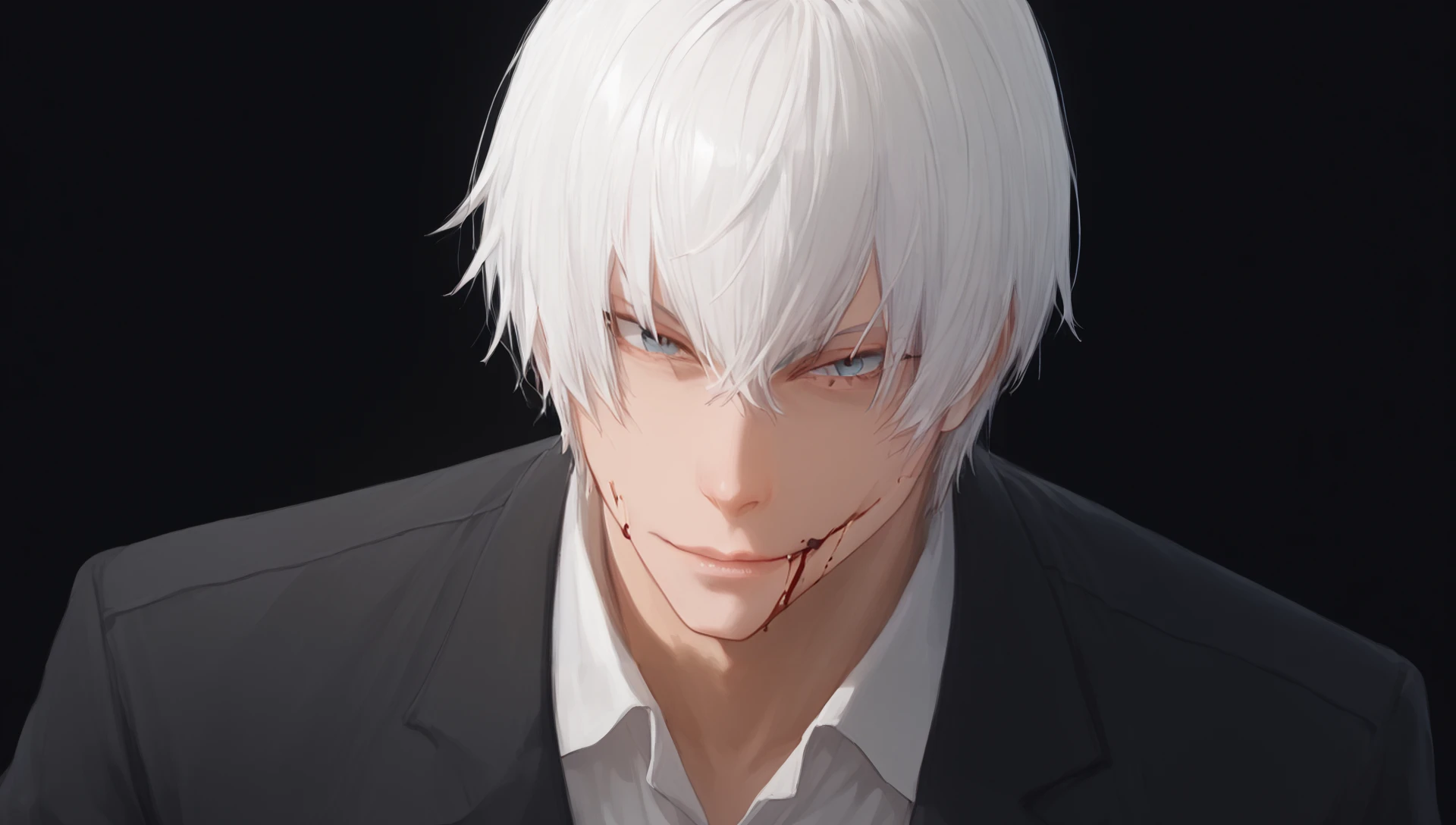 score_9, score_8_up, score_7_up,g1n1ch, blood from mouth, black background, hand on hip, multicolored hair, 1boy, upper body, white hair, white background, sitting, looking at viewer<lora:Gin_Ichimaru:1>