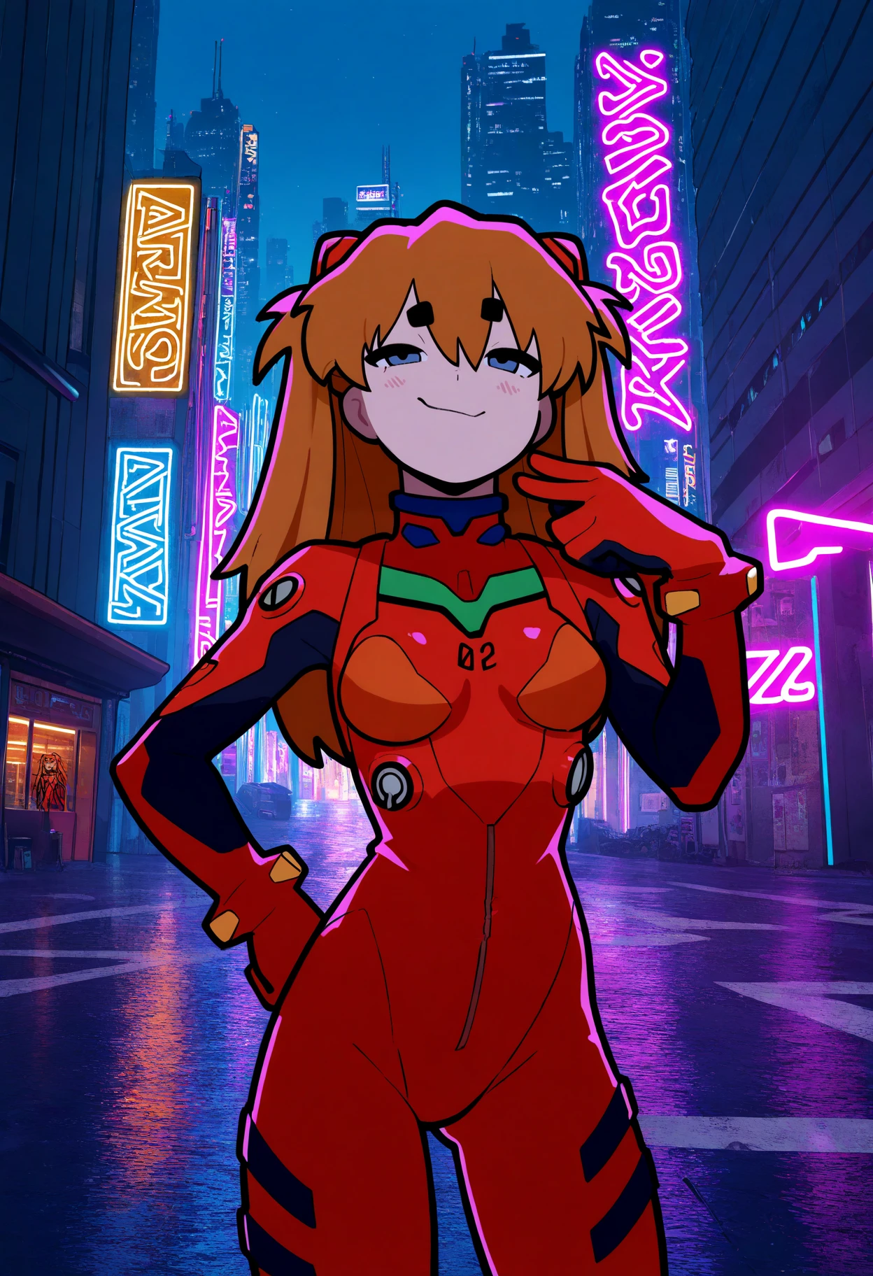 best quality, amazing quality, very aesthetic, absurdres,
1girl, asuka langley, red plugsuit, standing, smug, looking at viewer, futuristic background, neon light , buildings, night, <lora:RyuwanshoyNoob_byKonan:1>