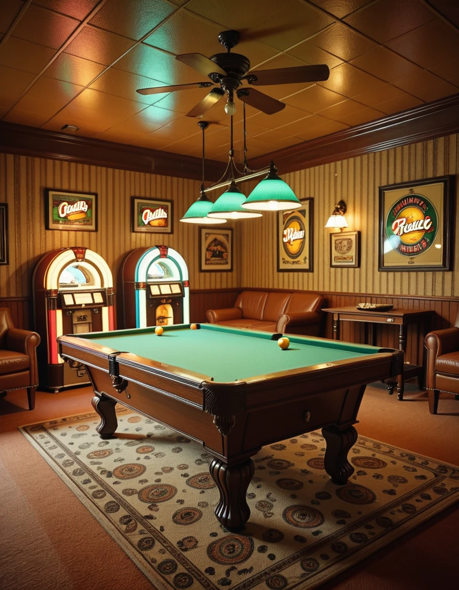 Interior of a vintage 1970s pool room with no people present, wood-paneled walls and shag carpet in earthy tones, overhead pendant lights with green glass shades casting a warm glow over a classic felt-covered pool table, retro wallpaper with geometric patterns, a jukebox in the corner flashing colorful lights, ashtrays on side tables beside leather armchairs, cues neatly arranged on a wooden rack, ceiling fan slowly turning above, and vintage beer advertisements framed on the wallsâeverything evokes a nostalgic, slightly smoky atmosphere frozen in time, rich with the charm and character of a bygone era,1970s pool r00m, <lora:1970s_pool_r00m-i:1>, Masterpiece,best quality,hi res,8k,hi res,8k,award winning,(sharp focus, intricate, highly detailed),