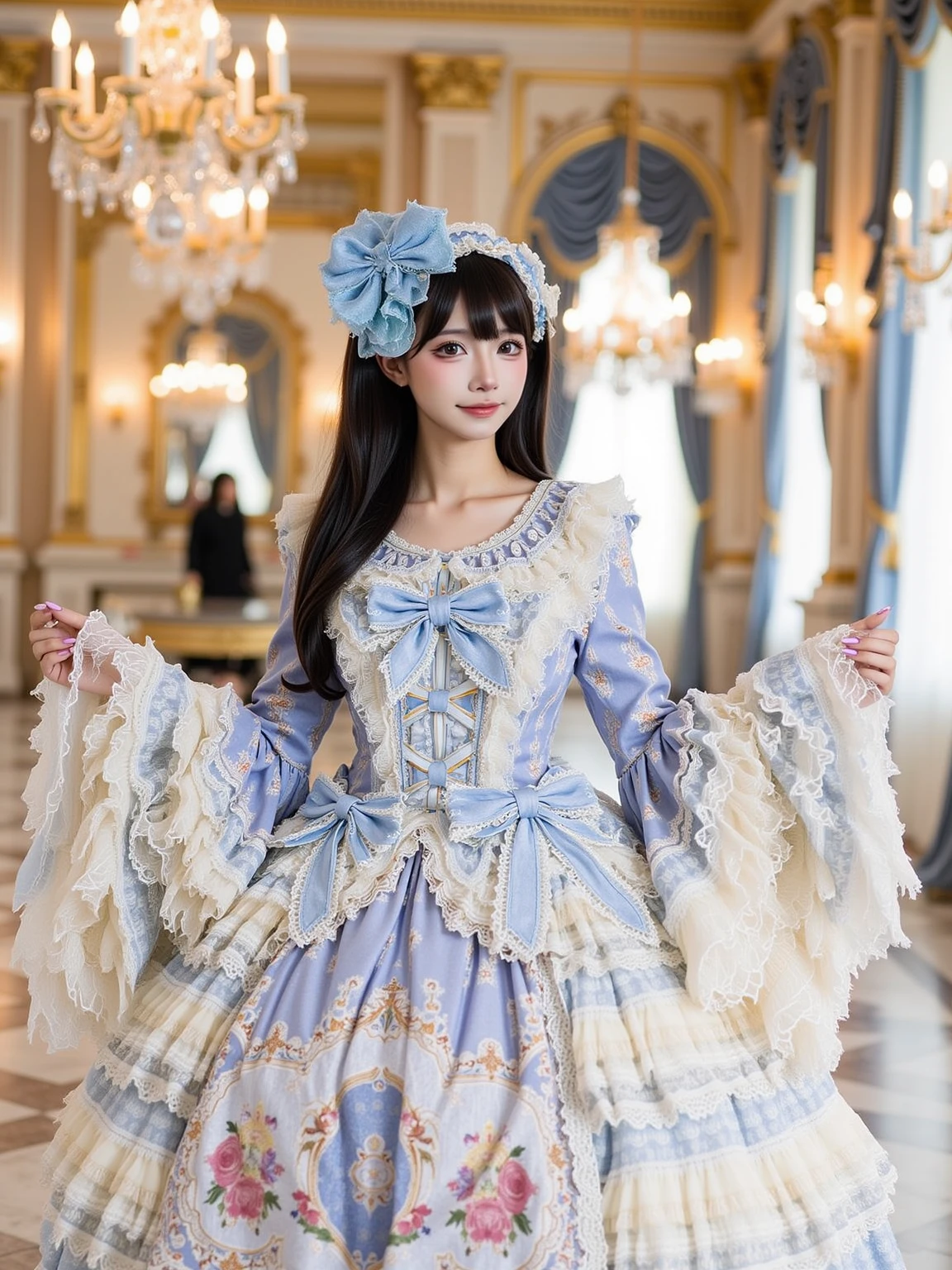 A realistic photo in cowboy shot of a slender beautiful young cosplayer in blue and white cyb dress. She has long black straight hair with hairband. She is looking at viewer and smiling.
The sence is {a serene Victorian garden with blooming pastel roses, a white ornate gazebo, and a cobblestone path. Gentle sunlight filters through the trees, creating a dreamy and elegant atmosphere. Butterflies flutter around, and a tea set awaits on a dainty table|an opulent ballroom with golden chandeliers, marble floors, and grand arched windows draped in velvet curtains. The room is illuminated by warm candlelight, with intricate rococo-style details on the walls and ceiling|a vintage carousel in pastel hues, surrounded by twinkling fairy lights and a backdrop of a twilight sky. The scene is whimsical and nostalgic, with playful details and ornate carvings on the carousel horses|a magical forest with towering trees adorned with glowing fairy lights, soft moss-covered ground, and sparkling streams. The air is filled with a whimsical, ethereal glow, creating a fairytale-like scene|A majestic palace garden at dusk, with fountains, marble statues, and perfectly manicured hedges. The sky is painted in soft pink and lavender hues, and lanterns cast a warm glow over the scene|A whimsical tea party set in a lush meadow, with delicate porcelain tea sets, tiered trays of sweets, and colorful flowers. The atmosphere is magical and inviting, with soft sunlight and a gentle breeze|A luxurious rococo-style room with intricate gold detailing on the walls, a grand crystal chandelier, and plush pastel furniture. The room feels regal and sophisticated, perfect for a lavish photoshoot}.
The photo is in cowboy shot and with detailed background.