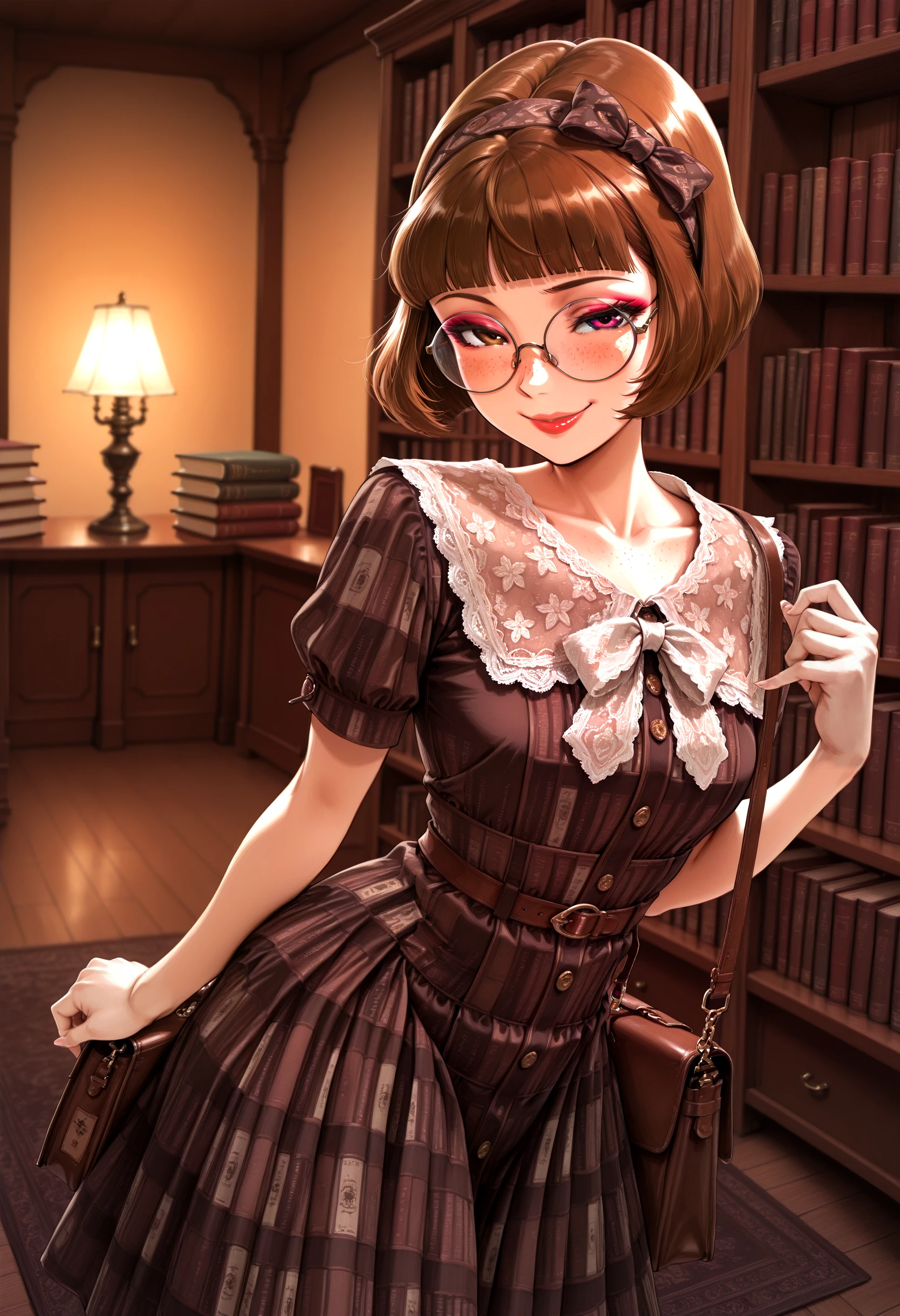 solo, 1girl, anime style, seductive smile, sexy pose, makeup, lipgloss, short hair, brown hair, bob cut, blunt bangs, round glasses, freckles, cute pose, action pose, pose, upper body, 1girl, hairband, lace collar, bow, book_pattern_dress, bookshelf_print, printed dress, book_bag, crossbody_bag, vintage_style, white socks, lace up socks, brown shoes, mary janes, standing
vintage library, bookshelves, wooden shelves, stacked books, reading room, antique furniture, carpet, warm lighting, cozy atmosphere, classic interior, study room, literary setting
masterpiece, very aesthetic, cinematic lighting, blurry foreground, vignetting, amazing quality, newest, ultra-detailed, depth of field, blurry_background, amazing background