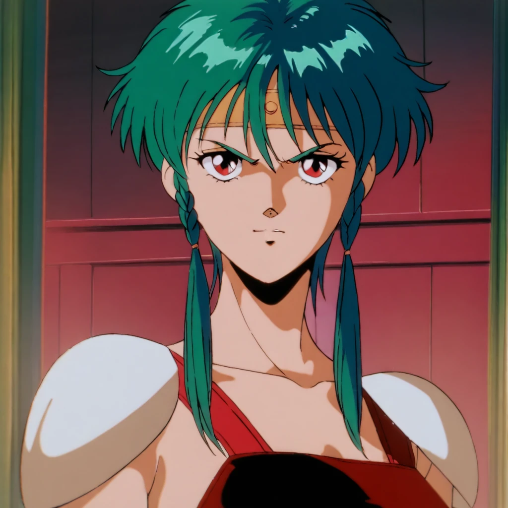 masterpiece,high score,great score,absurdres,solo,anime coloring,looking at viewer,upper_body,<lora:Renge ag4o:1> renge, green hair, short hair with long locks, twin braids, red eyes, retro artstyle,