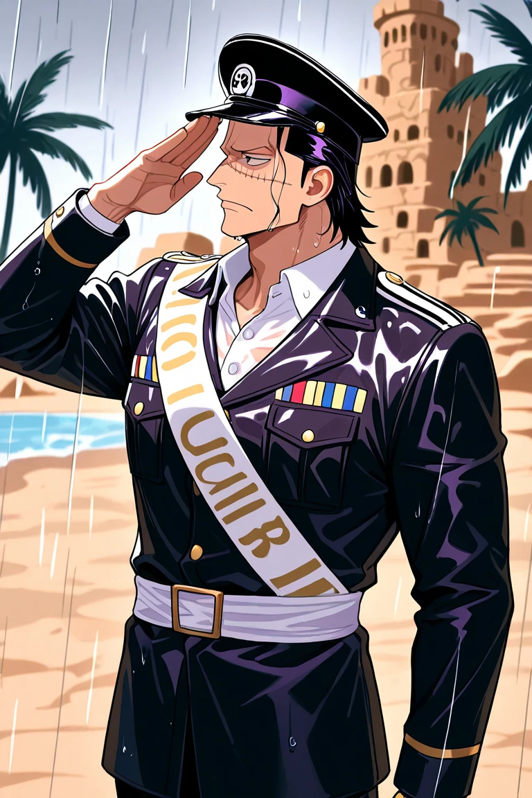 crocodile (one piece)-1male focus, black-purple_crocodile (one piece)_hair, black eyes, black_crocodile (one piece)_scar across face, manly, looking afar, expressive serious face,

facing afar, salute, wet, wet clothes,

military uniform, military headwear, camouflage print, collared shirt, sash, military commander, alternate costume,

cowboy shot, blurry background, outdoors, sandstone structure, sand architecture, oasis, palm tree, water, rain, raining,

masterpiece, best quality, amazing quality, very aesthetic, absurdres, newest, very awa