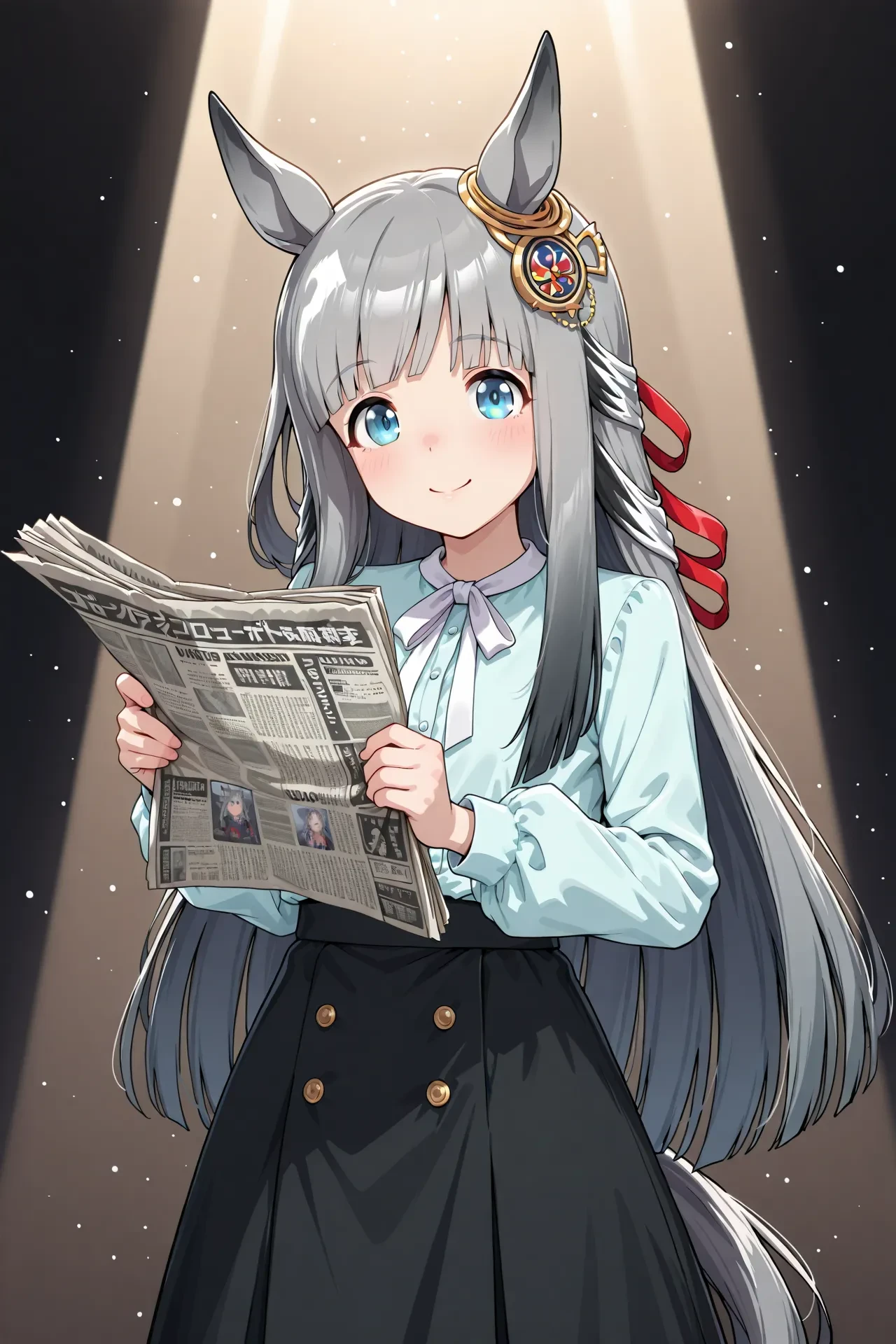 chrono genesis \(umamusume\),grey hair,bangs,blunt bangs,eyebrows visible through hair,long hair,hair ornament,very long hair,streaked hair,white hair,aqua eyes,
casual,neck ribbon,white ribbon,shirt,light blue shirt,long sleeves,skirt,black skirt,long skirt,holding newspaper,open newspaper,<lora:chrono genesis v3:0.8>,, 1girl,solo,smile,looking at viewer,cowboy shot,pose,spotlight,