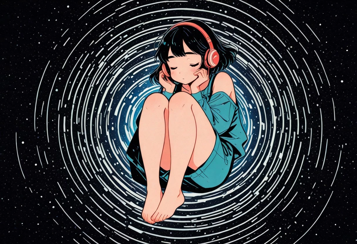 A cute girl curled up in a ball, listening to music, and flat color aesthetic, inspired by Japanese pop art.
jpopstyl3
