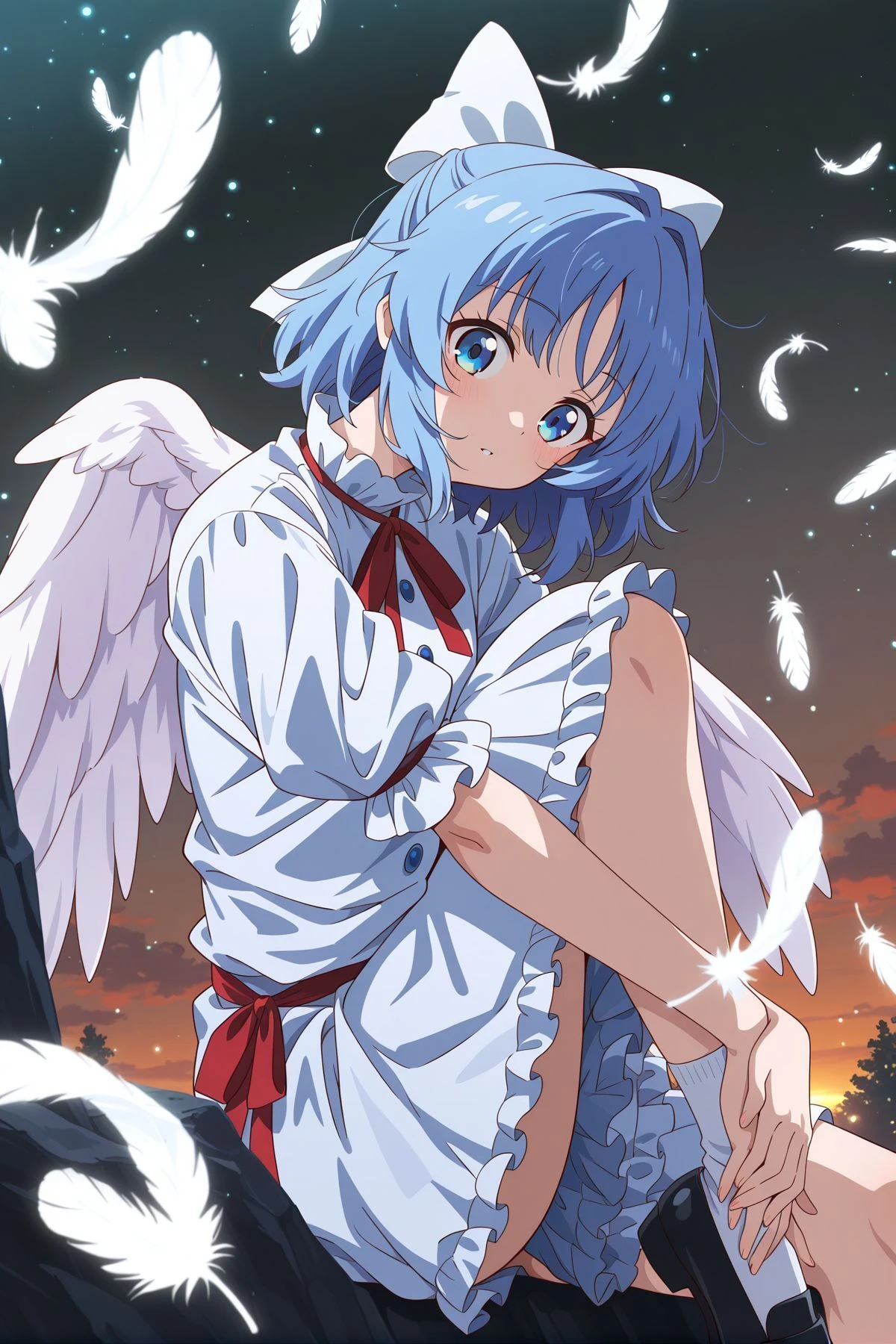 absurdres, highres, masterpiece, best quality, amazing quality, official anime artwork, screencap, anime screencap, outdoors, looking at viewer, sitting, dynamic pose,
<lora:Mai_Illustrious:1> mai, 1girl, solo, blue eyes, blue hair, short hair, white wings,, hair bow, white bow, red ribbon, neck ribbon, waist ribbon, white dress, puffy short sleeves, blue buttons, white socks, black shoes, from the side, feather, light particles,