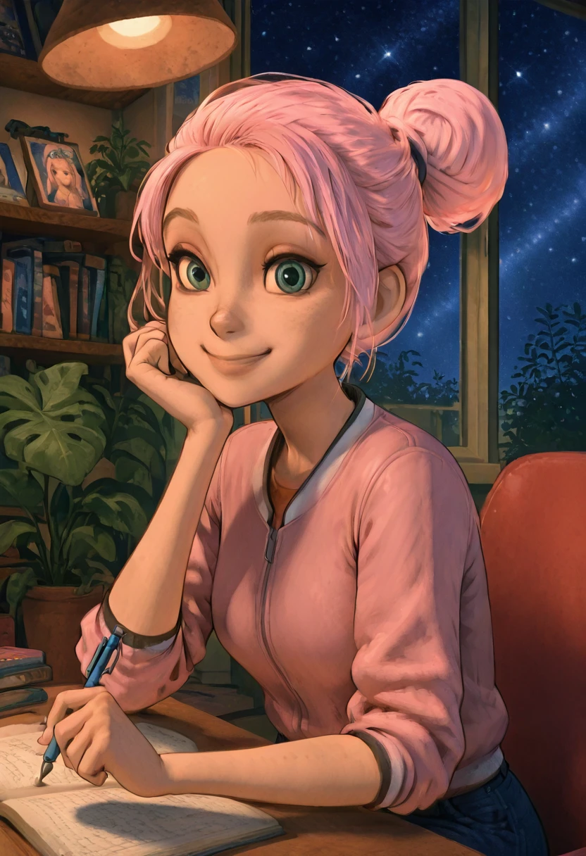 masterpiece, best quality, solo, curvy, beautiful eyes, narrow waist, wide hips, 1girl, solo, smile, looking at viewer, foreshortening, close up, zzBrooklynn, green eyes, hair bun, pink hair, short hair, single hair bun, ,<lora:BrooklynnJurassicPark_IXL:1.0>, , zzLofi, sitting, side view, desk, chair, book, bookshelf, head rest, holding, holding pen, lamp, night, open book, pen, plant, potted plant, sky, star (sky), starry sky, window, windowsill, writing, <lora:LofiGirl_Style_IXL:0.8>,