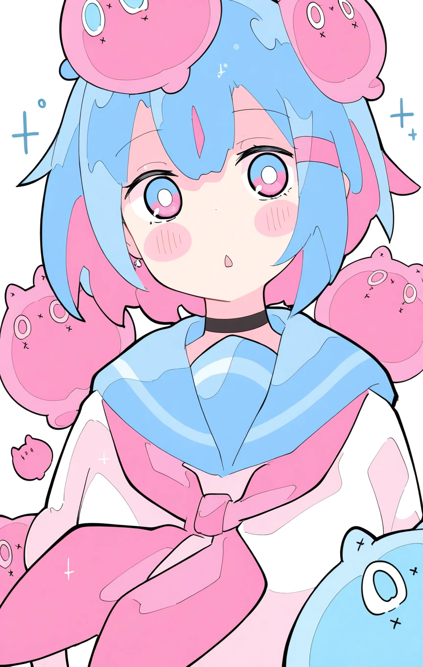 HaruHime_ST, 1girl,,solo,,looking at viewer,,blush,,short hair,,bangs,,shirt,,white background,,blue hair,,white shirt,,upper body,,pink hair,,multicolored hair,,parted lips,,choker,,,pink eyes,,sailor collar,,neckerchief,,blue sailor collar,,no nose,,pink neckerchief, ,sexy_perspective, (masterpiece), (best quality), (ultra-detailed), amazing quality, very aesthetic, illustration, perfect composition, intricate details, absurdres, incredibly absurdres, shiny skin, realistic, shiny hair, clear skin, ultra-detailed-eyes, simple background, cute, eyelashes, greatscore, pretty, extreme perspective, dynamic angle, dynamic pose