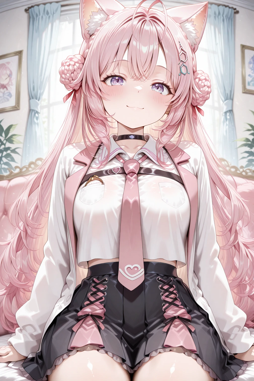 masterpiece, best quality, amazing quality, 1girl, solo, makeup, general, looking at viewer, blush, highres, couch, sit on, smile, room, <lora:Hololive_Koyorin:1>, Hololive_Koyorin, long hair, animal ears, pink hair, purple eyes, antenna hair, ahoge, hexagon hair ornament, hair between eyes, tail, breasts, pink nails, braid, double bun, braided bun, long sleeves, white shirt, collared shirt, cropped shirt, pink necktie, pleated skirt, black skirt, frilled skirt, black choker, lab coat, <lora:wai-2Rectified-V140:1>, <lora:illustrious_noobai_epsilon_pred_1_masterpieces_v1:1>