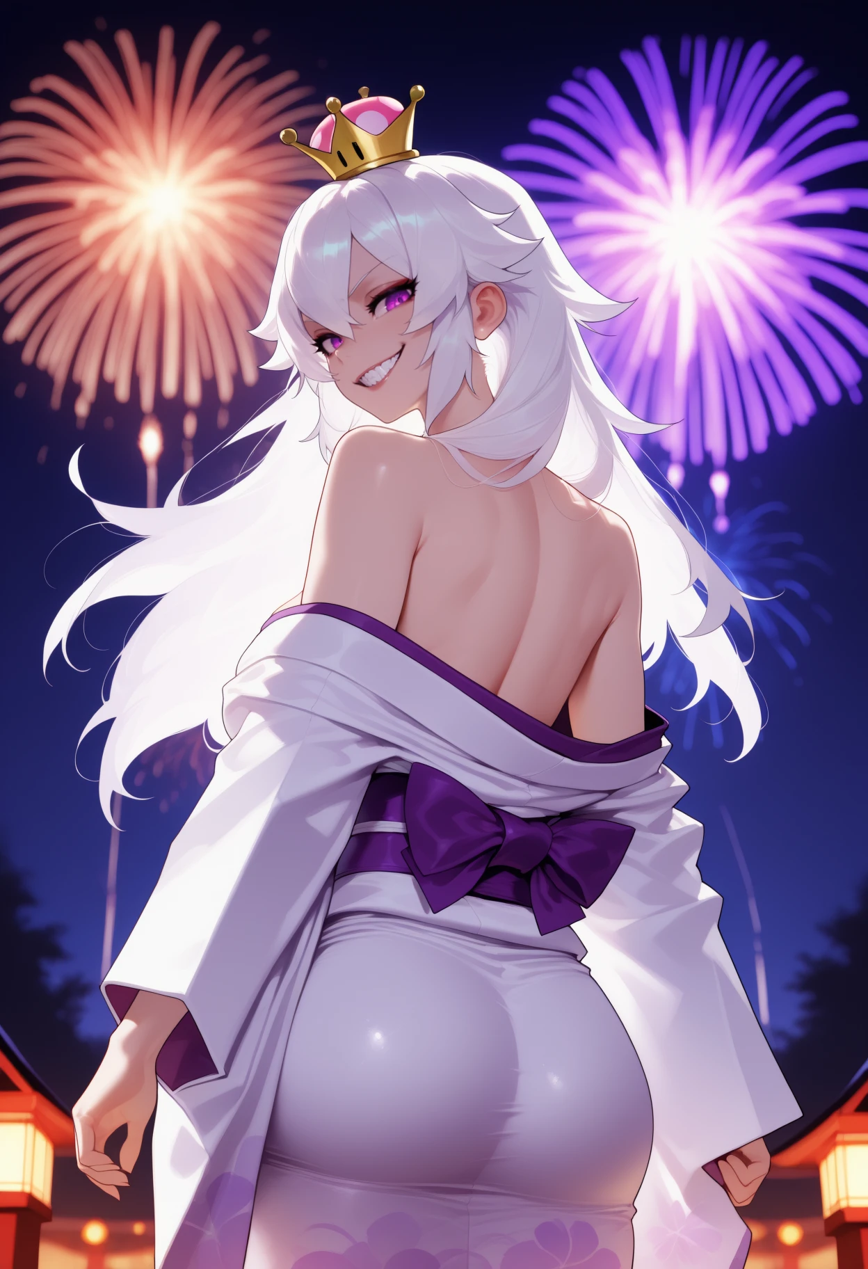 ((best quality)), ((highly detailed)), masterpiece, absurdres, (detailed eyes, deep eyes), (1girl), (glasses), cowboy shot, ((wide shot)), ((high-heels)), ((rabbit girl)), (viera), white hair, animal_ears, (kemonomimi), :D, very long hair, medium breasts, big hips, playboy_bunny, <lora:Fishnet:.7>, fishnets, fishnet bodysuit, skindentation, detached collar, bowtie, wrist cuffs, high heels, thick thighs, alcohol, sake bottle, ((fireworks, ð)), backlighting, (outside, <lora:school_outdoors_v0.2:1>, at a school, building, midnight, night sky, stars, lunar eclipse), <lora:borisu:1>