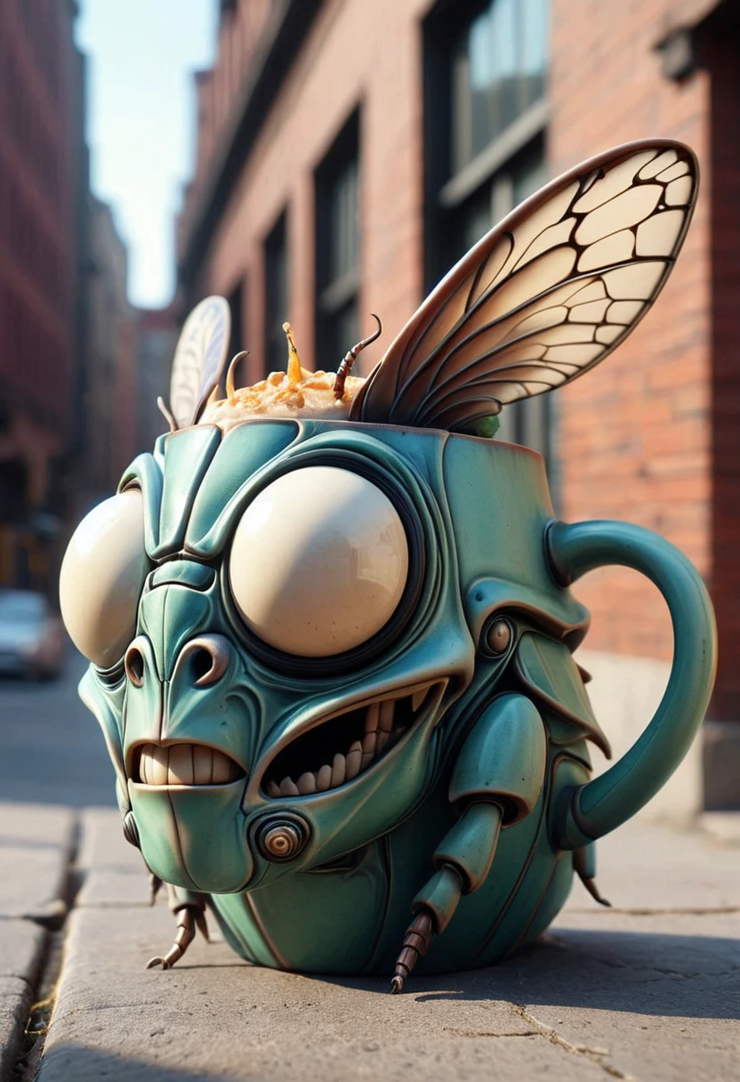 A beetle as a mug in mobe-ancofmu style, anthropomorph, from side angle, in a urban background, masterpiece, absurdres, dynamic angle, highly detailed, <lora:AnthropomorphicCoffeeMugV1:0.90>,
