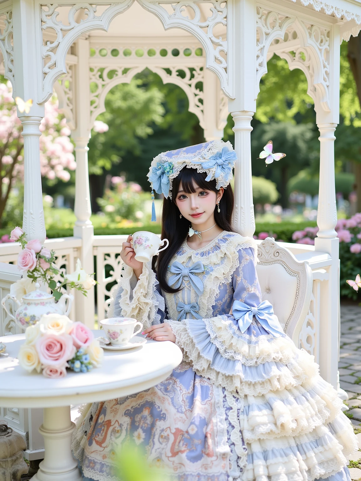 A realistic photo of a beautiful young cosplayer in blue and white cyb dress. She has long black straight hair with hairband. She is sitting at the table drinking tea.
The sence is a serene Victorian garden with blooming pastel roses, a white ornate gazebo, and a cobblestone path. Gentle sunlight filters through the trees, creating a dreamy and elegant atmosphere. Butterflies flutter around.