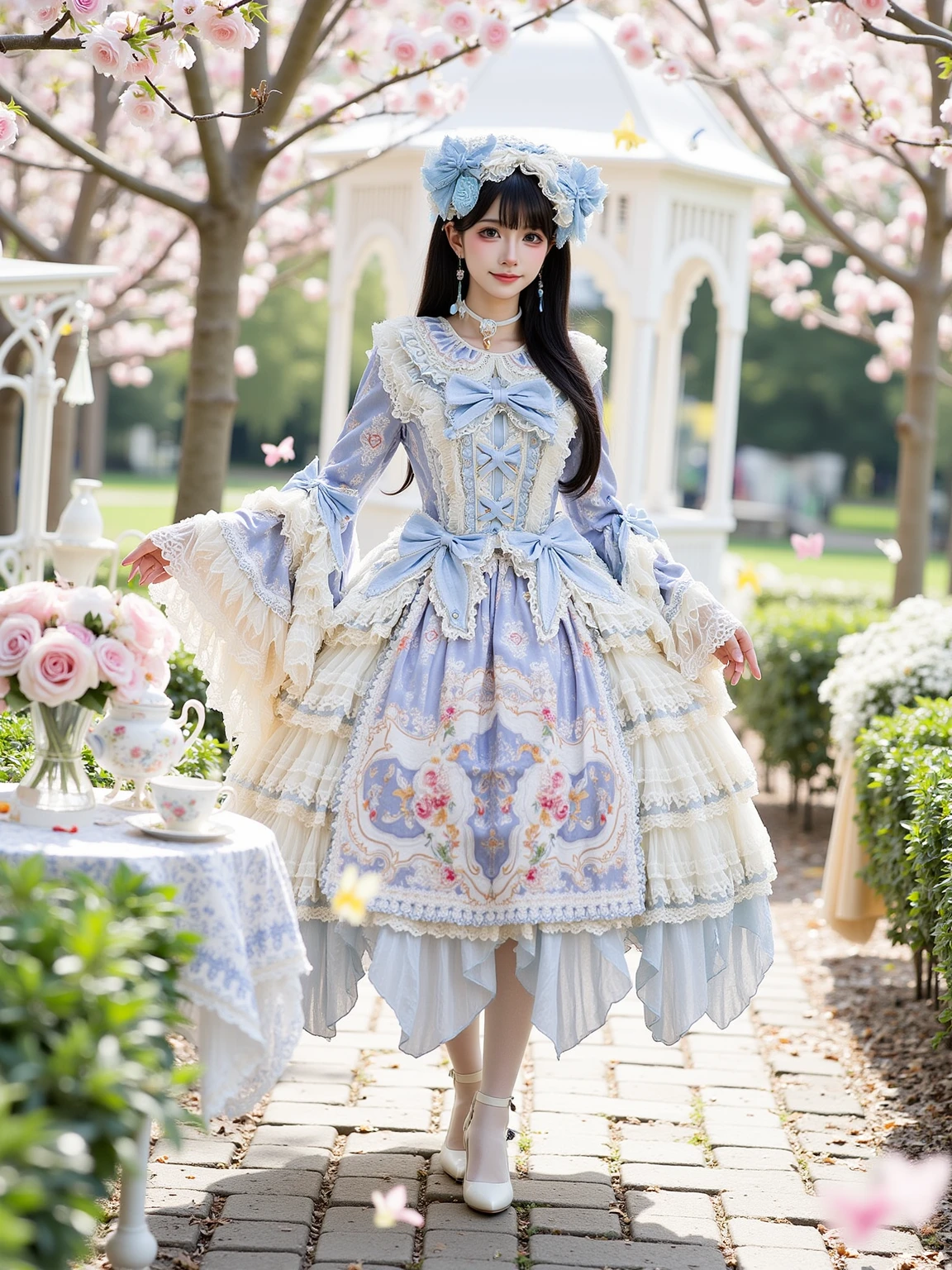 A realistic photo of a slender beautiful young cosplayer in blue and white cyb dress. She is also wearing white pantyhose and white high heels. She has long black straight hair with hairband. She is looking at viewer and smiling.
The sence is {a serene Victorian garden with blooming pastel roses, a white ornate gazebo, and a cobblestone path. Gentle sunlight filters through the trees, creating a dreamy and elegant atmosphere. Butterflies flutter around, and a tea set awaits on a dainty table|an opulent ballroom with golden chandeliers, marble floors, and grand arched windows draped in velvet curtains. The room is illuminated by warm candlelight, with intricate rococo-style details on the walls and ceiling|a vintage carousel in pastel hues, surrounded by twinkling fairy lights and a backdrop of a twilight sky. The scene is whimsical and nostalgic, with playful details and ornate carvings on the carousel horses|a magical forest with towering trees adorned with glowing fairy lights, soft moss-covered ground, and sparkling streams. The air is filled with a whimsical, ethereal glow, creating a fairytale-like scene|A majestic palace garden at dusk, with fountains, marble statues, and perfectly manicured hedges. The sky is painted in soft pink and lavender hues, and lanterns cast a warm glow over the scene|A whimsical tea party set in a lush meadow, with delicate porcelain tea sets, tiered trays of sweets, and colorful flowers. The atmosphere is magical and inviting, with soft sunlight and a gentle breeze|A luxurious rococo-style room with intricate gold detailing on the walls, a grand crystal chandelier, and plush pastel furniture. The room feels regal and sophisticated, perfect for a lavish photoshoot}.
The photo is a full body shot with her entire body visible and with detailed background.