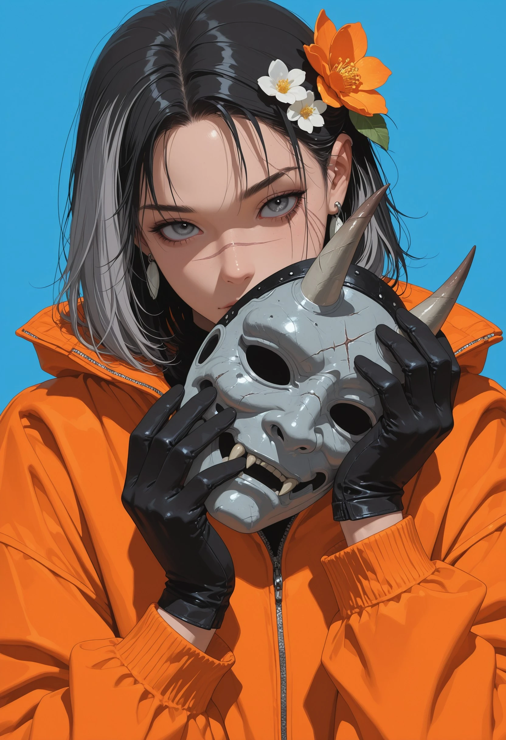 cryos2, 1girl, solo, mask, gloves, flower, black gloves, blue background, holding, earrings, jewelry, oni mask, hair ornament, jacket, simple background, upper body, hair flower, looking at viewer, long sleeves, grey hair, grey eyes, scar, black hair, multicolored hair, holding mask, hands up, orange jacket, mask removed, scar on face, masterpiece, best quality, incredibly absurdres, amazing quality, very aesthetic, 4k, official art, latest, , <lora:99049ffc-f5ee-4292-8fba-783ed7518c43:0.9>