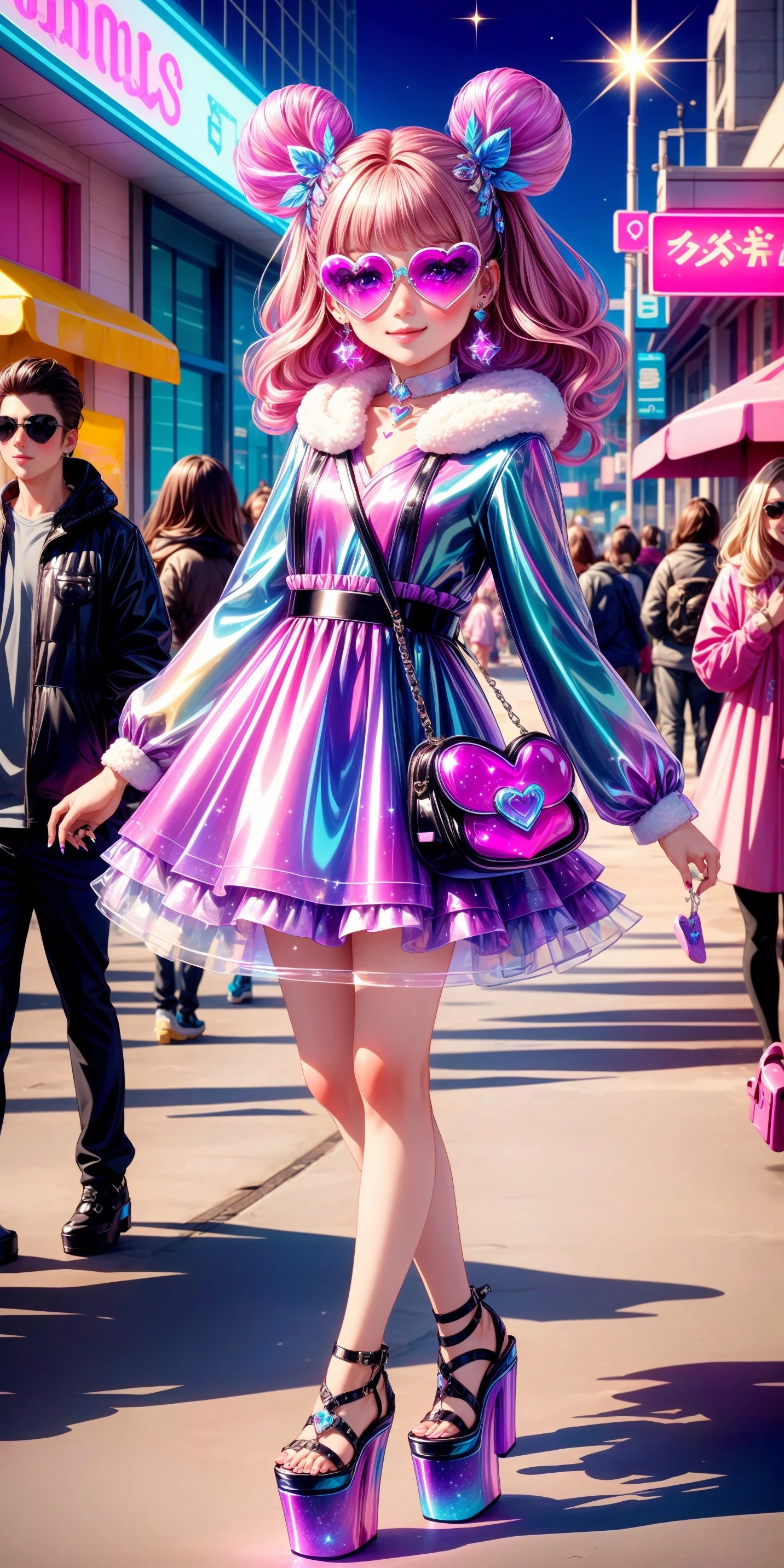(front facing, facing viewer) 1girl, blush, full face blushing, smile, barbiecore, (pink theme, purple theme), makeup, glittery makeup, eye makeup, lipgloss, nail polish, latex minidress, fit-and-flare dress, plush_clothing, plush coat, animal print, hair ornaments, hairclips, plastic hairclips, heart-shaped sunglasses, high heels, holographic iridescent, plastic jewelry, shoulder bag, small purse, feathers, platform high heels, jelly block heels, platform footwear, sparkles, glitter, <lora:more_details:0.7>, <lora:scene_:0.5>, <lora:FashionComplexityEnhancerLORAv1:0.4>, <lora:c48c3a0b-35d5-4de1-a44b-d140193f7790:0.6>, <lora:96073874-f082-4683-942e-601cecac5c40:0.3>, <lora:f7d08feb-f21d-42d0-9ef1-a9481867524d:0.3>, <lora:5844635f-c9c3-4f9e-85c4-d0d40f201159:0.3>, <lora:dde4416e-9f24-48d4-a965-d989baea5d73:0.2>, ,