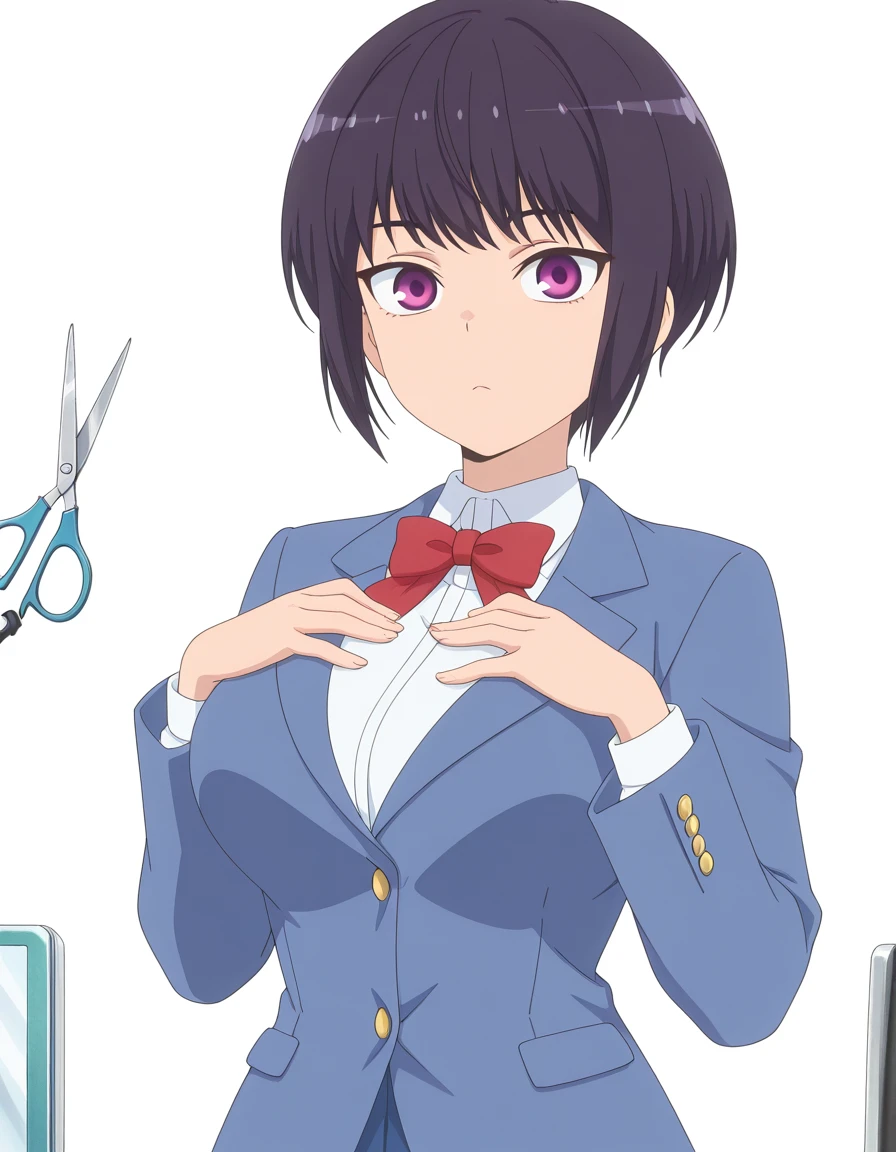 masterpiece, best quality, amazing quality,, <lora:hana-sunomiya-s2-illustriousxl-lora-nochekaiser:1>, hana sunomiya, short hair, bangs, black hair, purple eyes, pixie cut, mature female, breasts, anime screencap, shirt, bow, white shirt, collared shirt, bowtie, red bow, red bowtie, jacket, blazer, skirt, blue skirt,, hands on own chest,, salon, chairs, mirrors, scissors, beauty, cowboy shot, solo, looking at viewer, <lora:transparent-background-illustriousxl-lora-nochekaiser:1>, transparent background, simple background, white background
