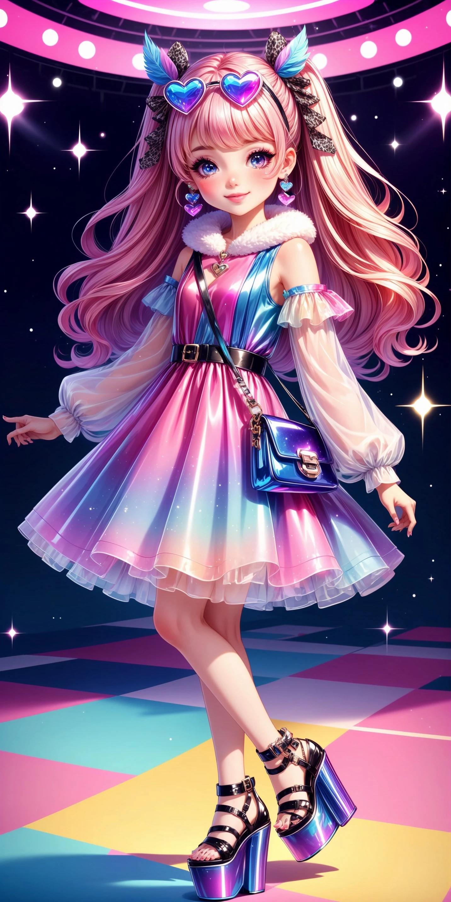 (front facing, facing viewer) 1girl, blush, full face blushing, smile, barbiecore, (pink theme), makeup, glittery makeup, eye makeup, lipgloss, nail polish, latex minidress, fit-and-flare dress, plush_clothing, plush coat, animal print, hair ornaments, hairclips, plastic hairclips, heart-shaped sunglasses, high heels, holographic iridescent, plastic jewelry, shoulder bag, small purse, feathers, platform high heels, jelly block heels, platform footwear, sparkles, glitter, <lora:more_details:0.7>, <lora:scene_:0.5>, <lora:FashionComplexityEnhancerLORAv1:0.4>, <lora:c48c3a0b-35d5-4de1-a44b-d140193f7790:0.6>, <lora:96073874-f082-4683-942e-601cecac5c40:0.3>, <lora:f7d08feb-f21d-42d0-9ef1-a9481867524d:0.3>, <lora:5844635f-c9c3-4f9e-85c4-d0d40f201159:0.3>, <lora:dde4416e-9f24-48d4-a965-d989baea5d73:0.2>, ,