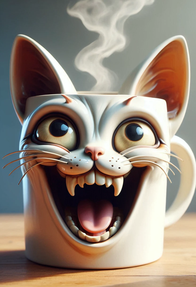 A cat as a mug in mobe-ancofmu style, anthropomorph, scream expression, in a natur background, masterpiece, absurdres, dynamic angle, highly detailed, <lora:AnthropomorphicCoffeeMugV1:0.95>,