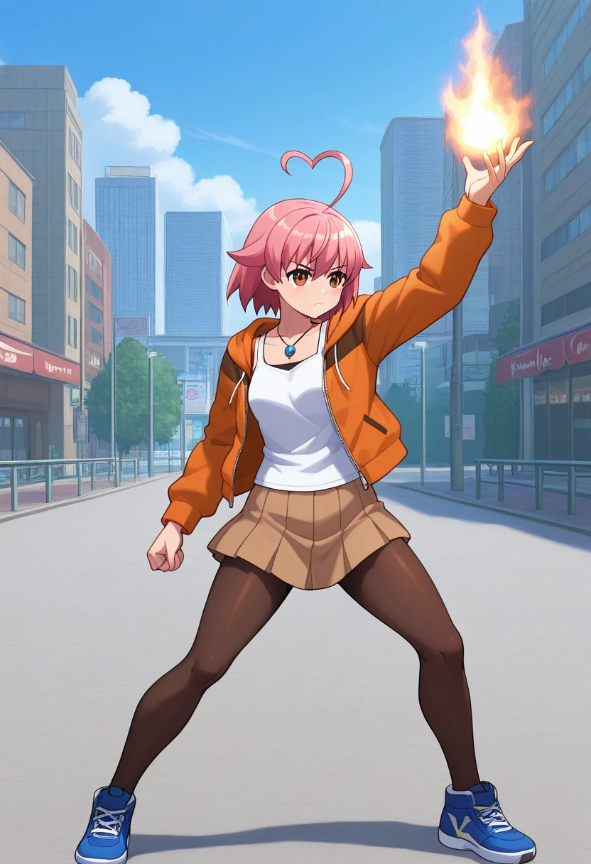 orochinagi, arm up, pyrokinesis, fire in hand, legs apart, open hand, 1girl, solo, ainohaato, pink hair, short hair, heart ahoge, brown eyes, orange jacket, hoodie, white tank top, brown skirt, pleated skirt, brown pantyhose, blue sneakers, pendant, outdoors, city, full body, serious,