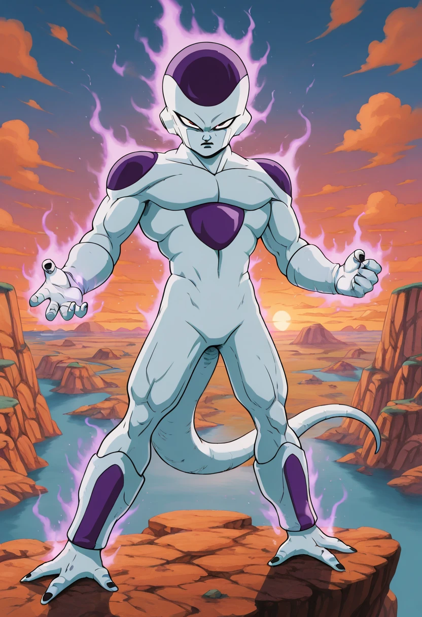 masterpiece, best quality, 1boy, solo, looking at viewer, zzFrieza, ,<lora:FriezaDBZ_IXL_v2:1.0>, standing on a rocky cliff, intense battle stance, glowing blue and purple psychic aura, rival pokemon in the distance, glowing horizon, cinematic sunset, swirling wind, dramatic lighting, epic confrontation, powerful and majestic