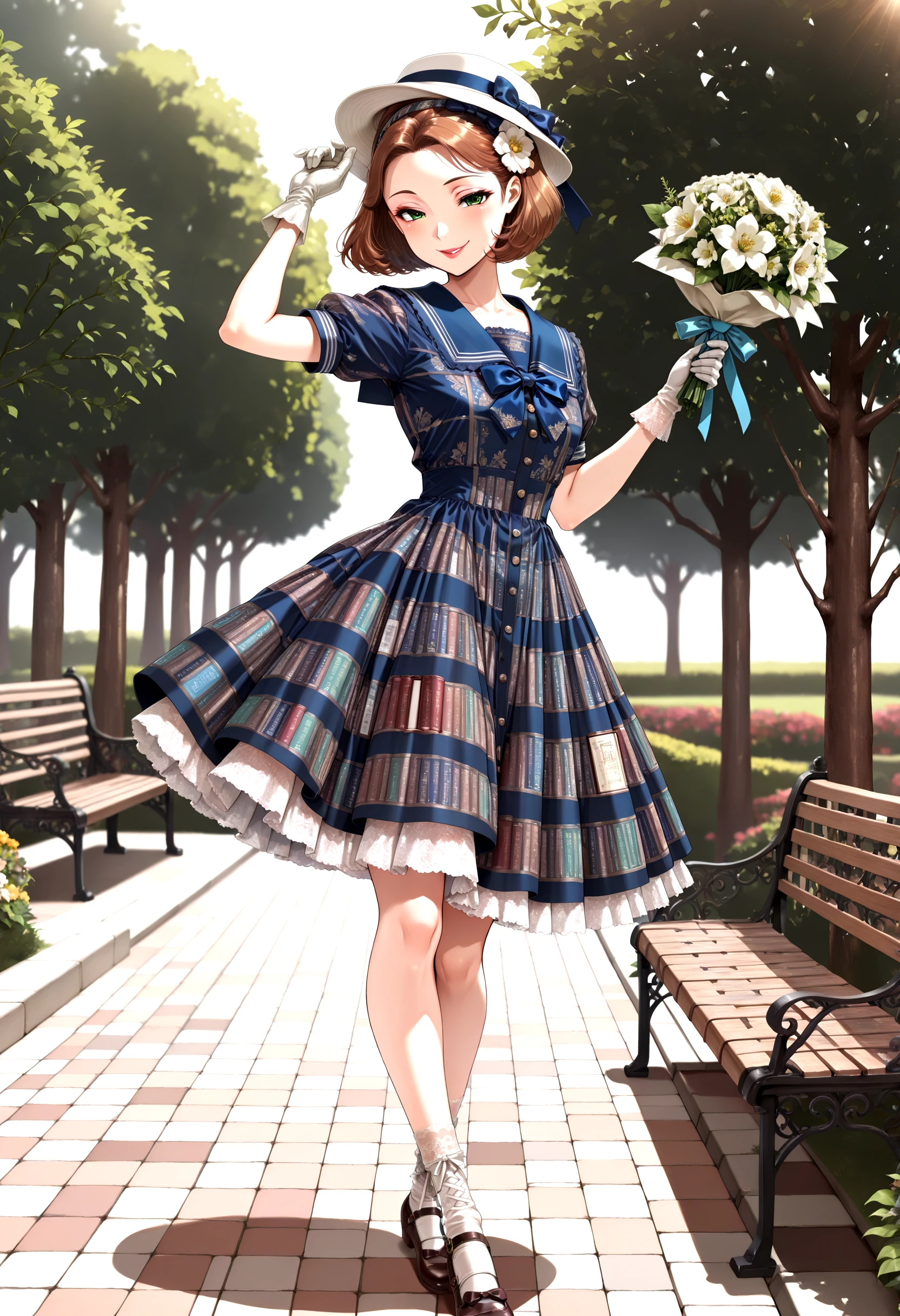 solo, 1girl, wind lift, anime style, seductive smile, sexy pose, makeup, lipgloss, ((excited black_shoes blue_bow blue_bowtie blue_dress blue_sailor_collar bouquet bow bowtie brown_hair flower gloves green_eyes hand_up hat holding_bouquet looking_to_the_side mary_janes medium_dress sailor_collar sailor_dress shoes short_hair short_sleeves socks solo standing sun_hat white_flower white_gloves white_hat white_socks short skirt, layered skirt, lace, frilly, cute pose, action pose, pose, upper body, hairband, lace collar, bow, book_pattern_dress, printed dress, vintage_style, white socks, lace up socks, brown shoes))
, garden, bench, trees, sunlight through leaves, flowers, vines, wrought iron bench, grass, dappled light, quiet place, peaceful garden, floral background
masterpiece, very aesthetic, cinematic lighting, blurry foreground, vignetting, amazing quality, newest, ultra-detailed, depth of field, blurry_background, amazing background